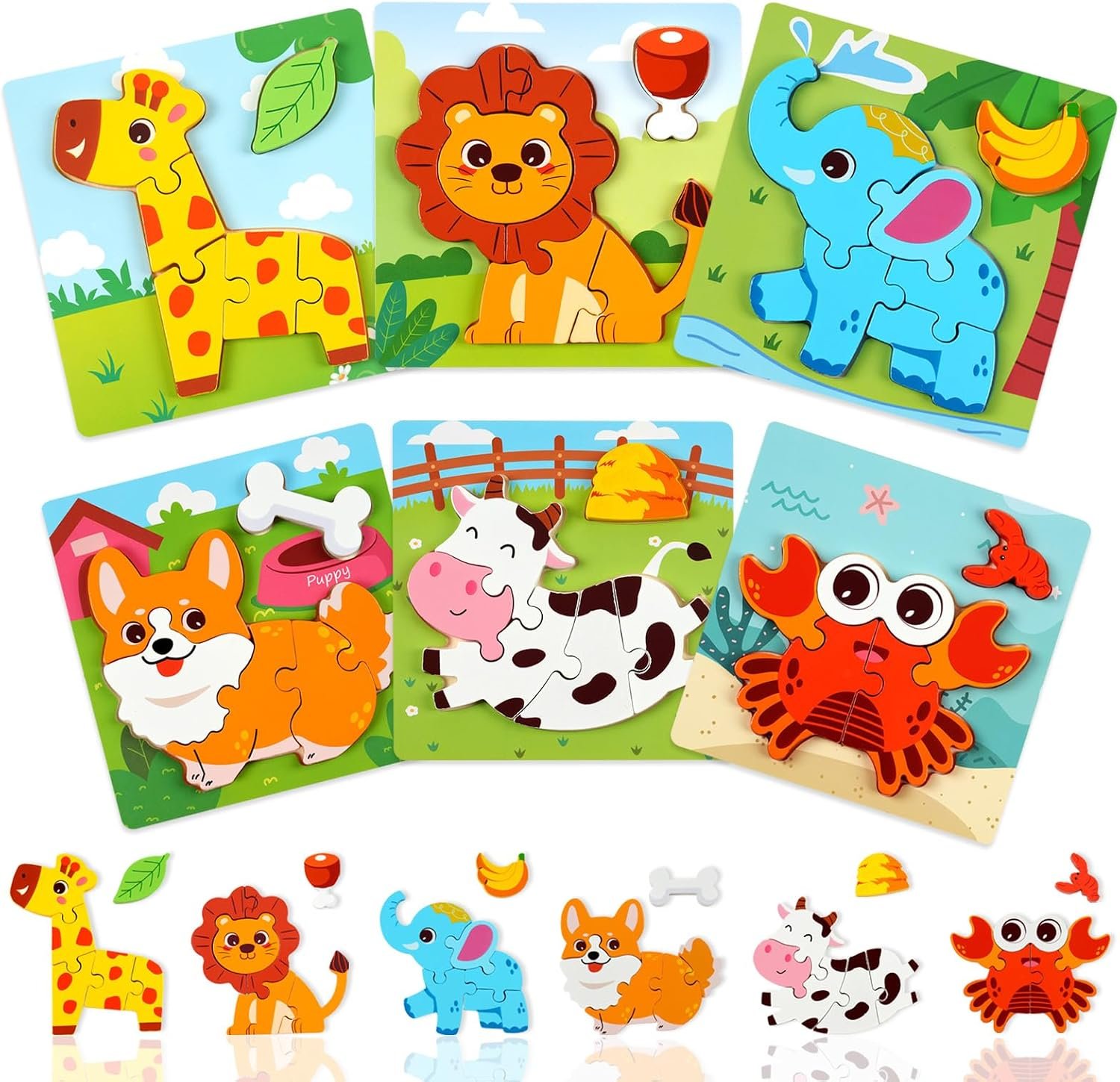 Wooden Puzzles for Toddlers 1-3, 6pcs Animal Jigsaw Puzzles for Toddlers, Montessori Educational Learning Toys for Kids Ages 1-4,Gifts for Boys Girls