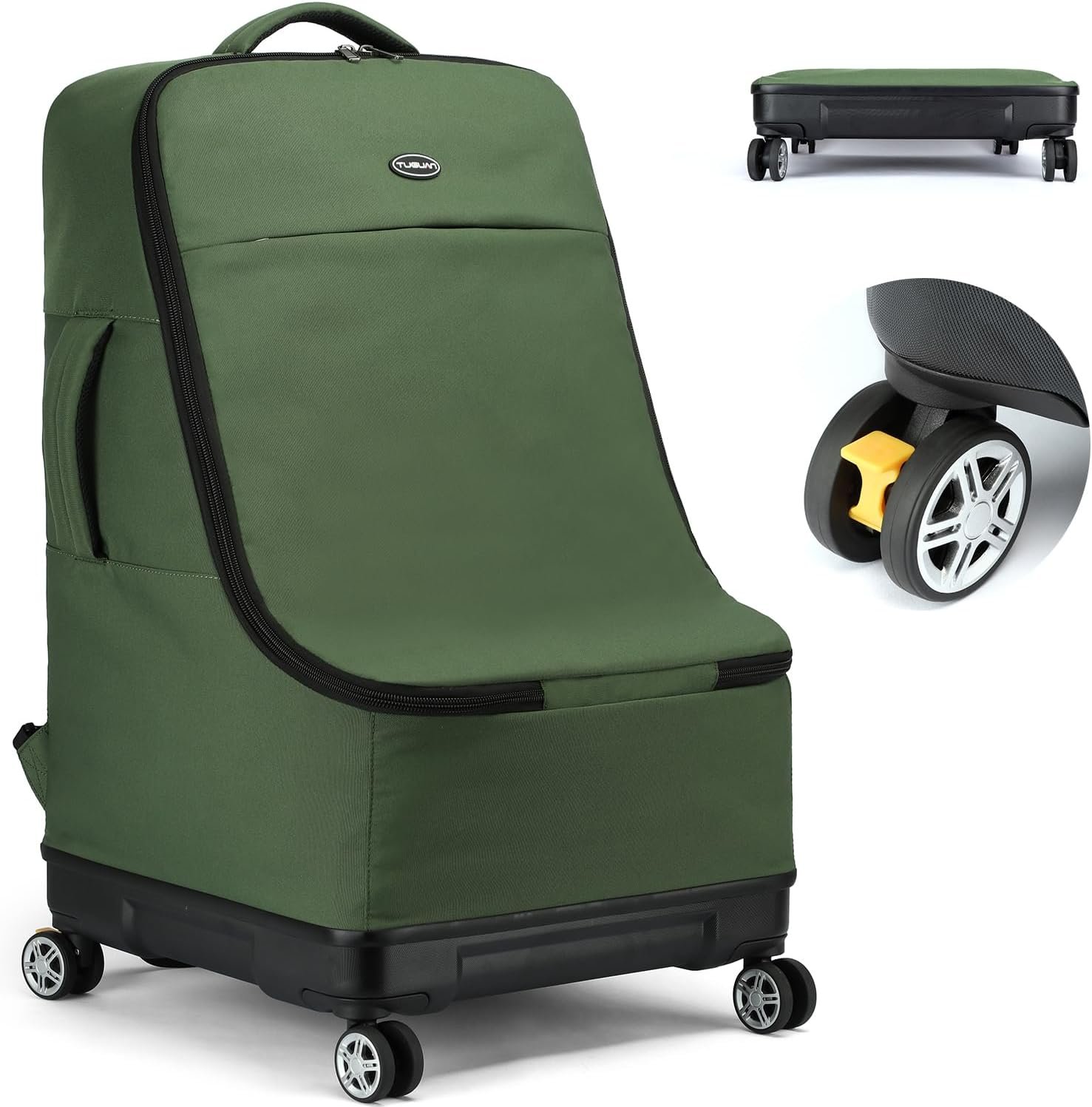 TUGUAN Car Seat Travel Bag for Airplane with Spinner Wheels, Infant Car Seat Bags for Air Travel with Hard Bottom, Padded Car Seat Backpack, Large Car Seat Storage Bag Airport Check, Green