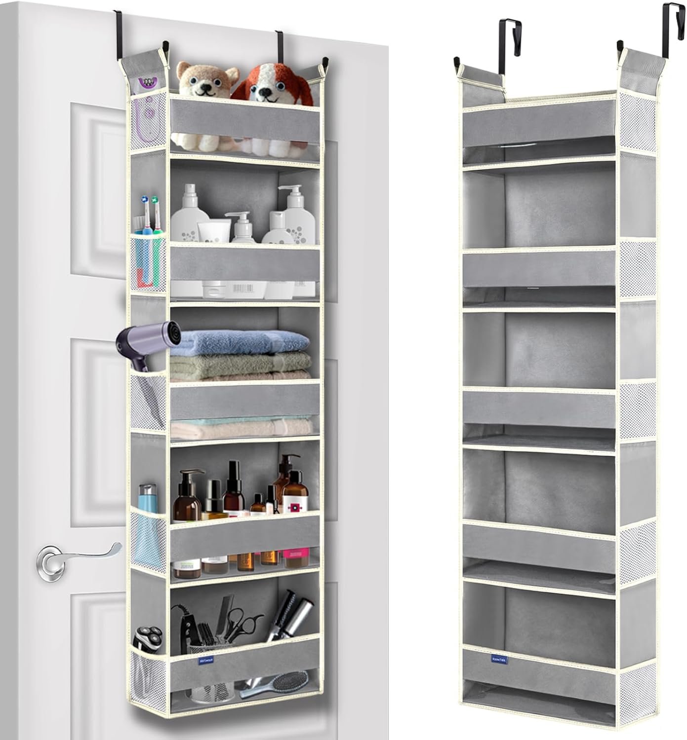 Over The Door Organizer 5-Shelves and 10 Side Pockets, Over The Door Storage for Bathroom Bedroom Nursery, Hanging Door Organizer for Baby Diapers and Kids Toys (13″x5″x44″, Grey)