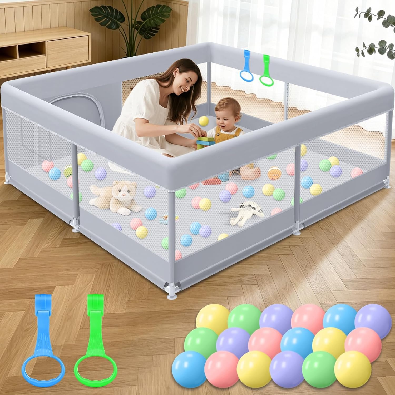 XVISHX Baby Playpen 50 x 50 Inch Play Pen Playards, Playpen for Babies and Toddlers, Baby Playard for Indoor & Outdoor Active Center Game Fence, with Skin-Friendly Fabric and Soft Breathable Mesh Grey