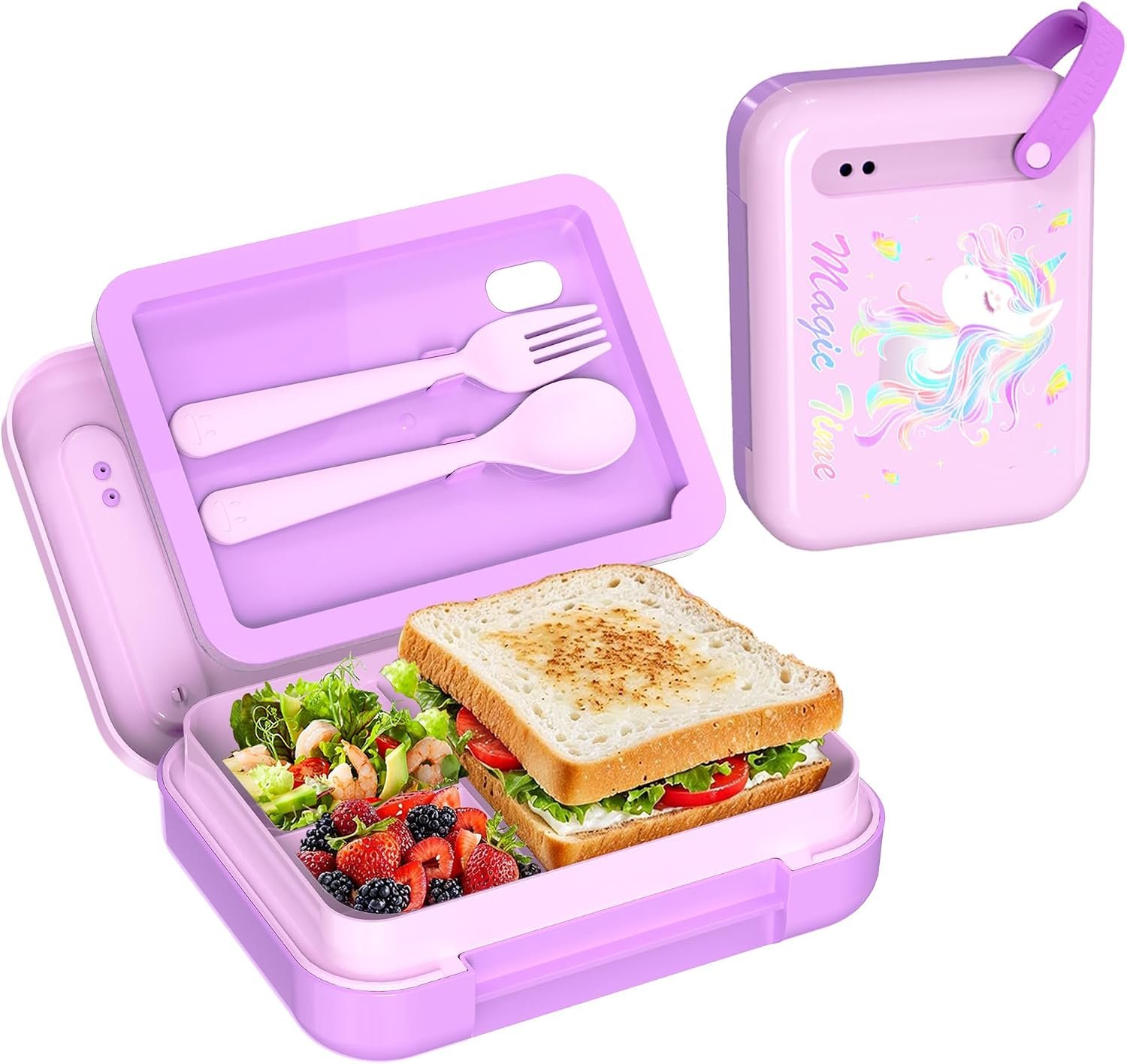 Kids Bento Lunch Box for Boys & Girls – 4-Compartment Leak-Proof Lunch Container with Hidden Silicone Handle, Lightweight, BPA-Free, 855ml for School & Travel (Unicorn)