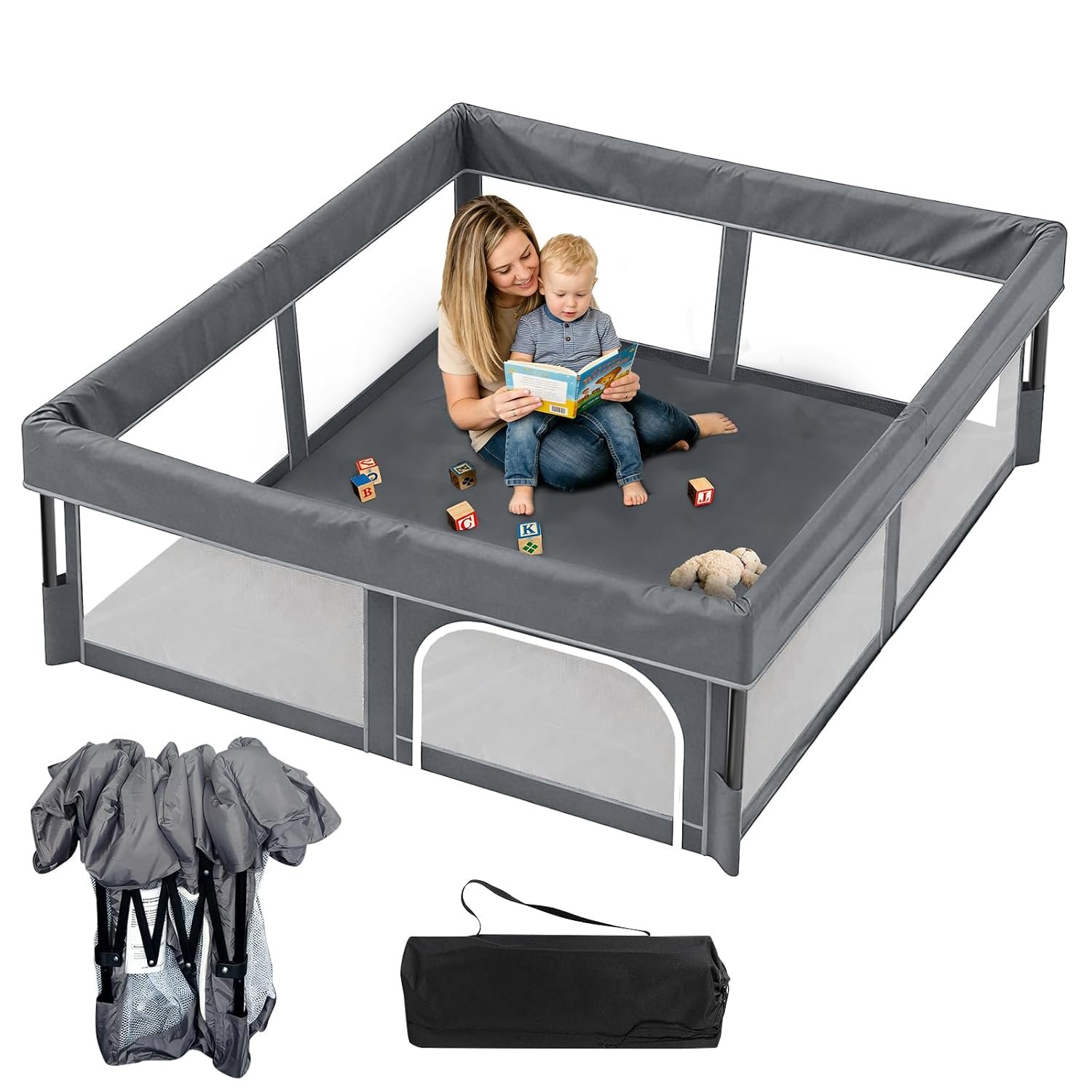 Foldable Baby Playpen, 48″×48″ Play Yard for Toddlers, Portable & Collapsible Playpen with Gate, ASTM & CPSC Certified, Skin-Friendly & Breathable Mesh, Ideal for Indoor & Outdoor Use with Bag