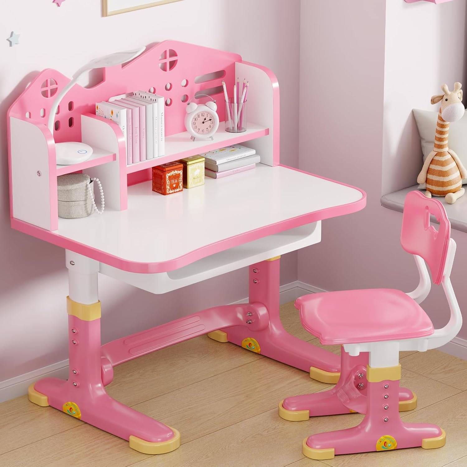 Kids Desk and Chair Set, Height Adjustable Kids Desk | Child’s School Study Writing Tables with Bookstand and Storage Drawer, Widened Desktop with Desktop for Boys and Girls