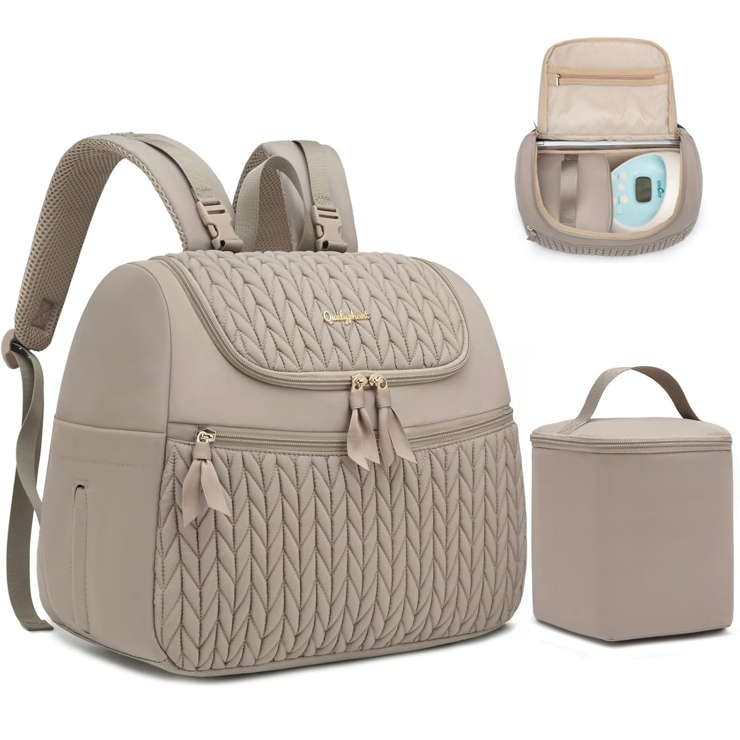Qualyphant Breast Pump Bag for Spectra S1/S2 & Medela with Insulated Cooler | Spacious, Fit Wearable Pumps, Pastel, Cute Quilted Puffer Pumping Backpack, For Working Mom & Travel, 9 Pocket, Smooth Zipper