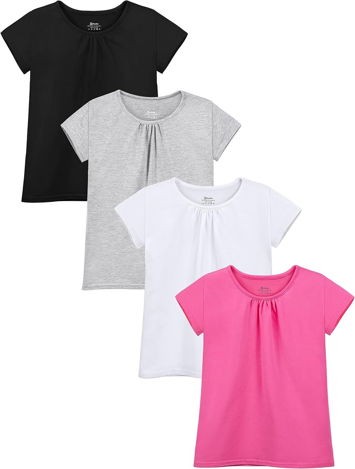 Poroka 4 Pack Girls Cotton Short Sleeve T-Shirts Girl Puff Sleeve Tees Basic T-Shirt Solid Crew Neck Tee