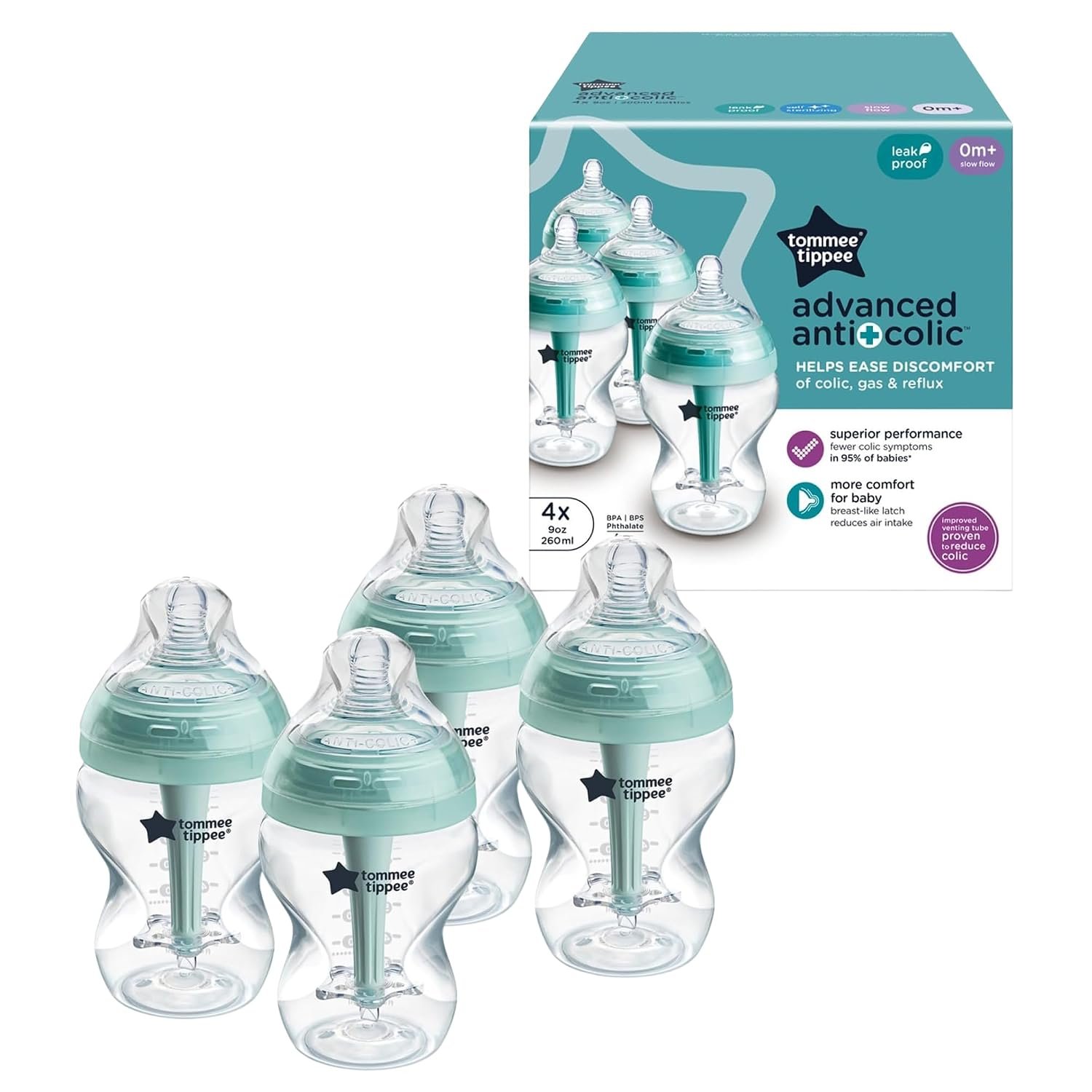 Tommee Tippee Advanced Anti-Colic Baby Bottles, Newborn 0m+, 9oz | Pack of 4, Slow Flow Breast-Like Nipple, Unique Design Keeps Air Away from Milk, Clear, BPA Free