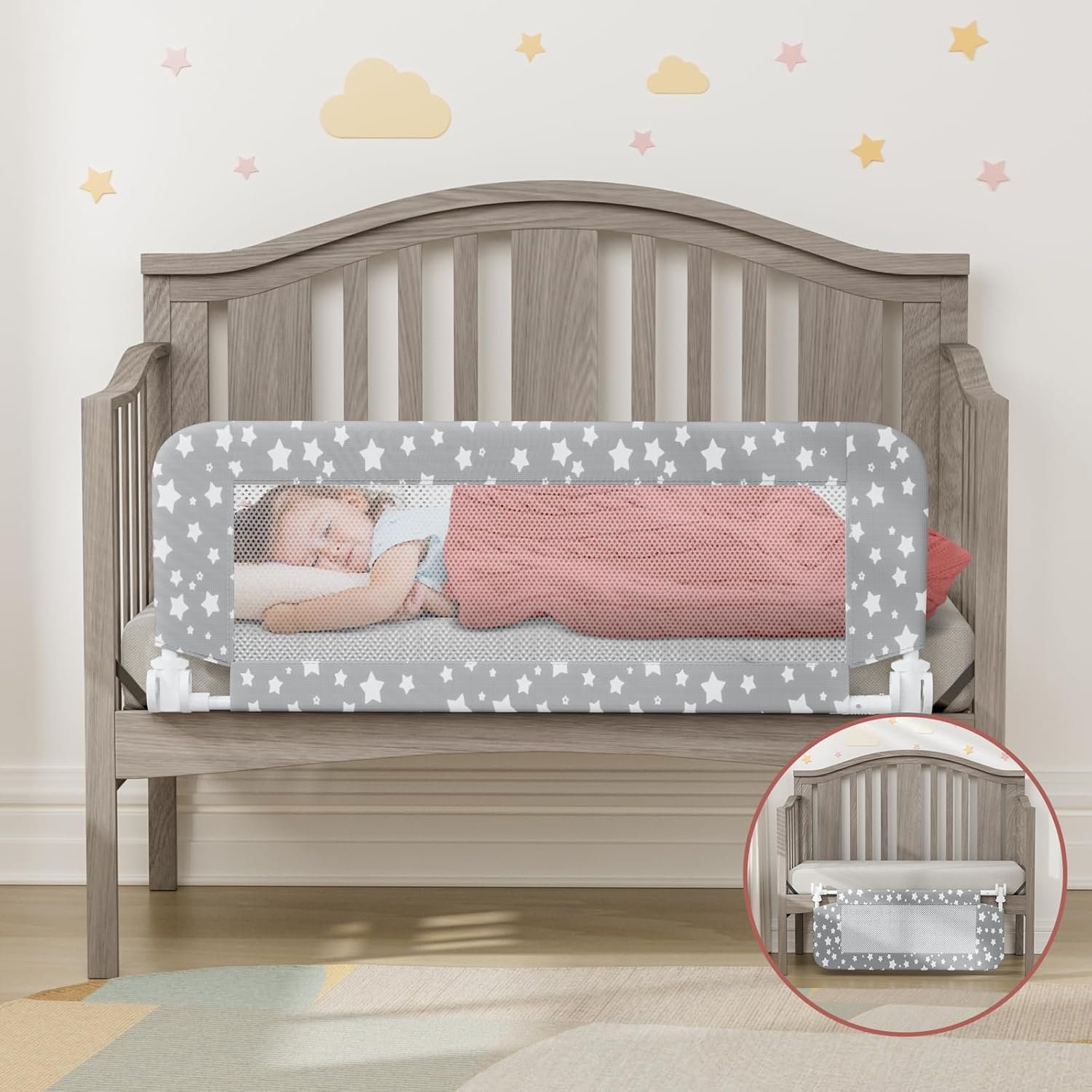 NUTIKAS Crib Rail Guard for Toddlers – 35.4″ Toddler Bed Rails Convertible Safety Side Protector Swing Down Mesh Breathable Bed Barriers with Reinforced Anchor Safety
