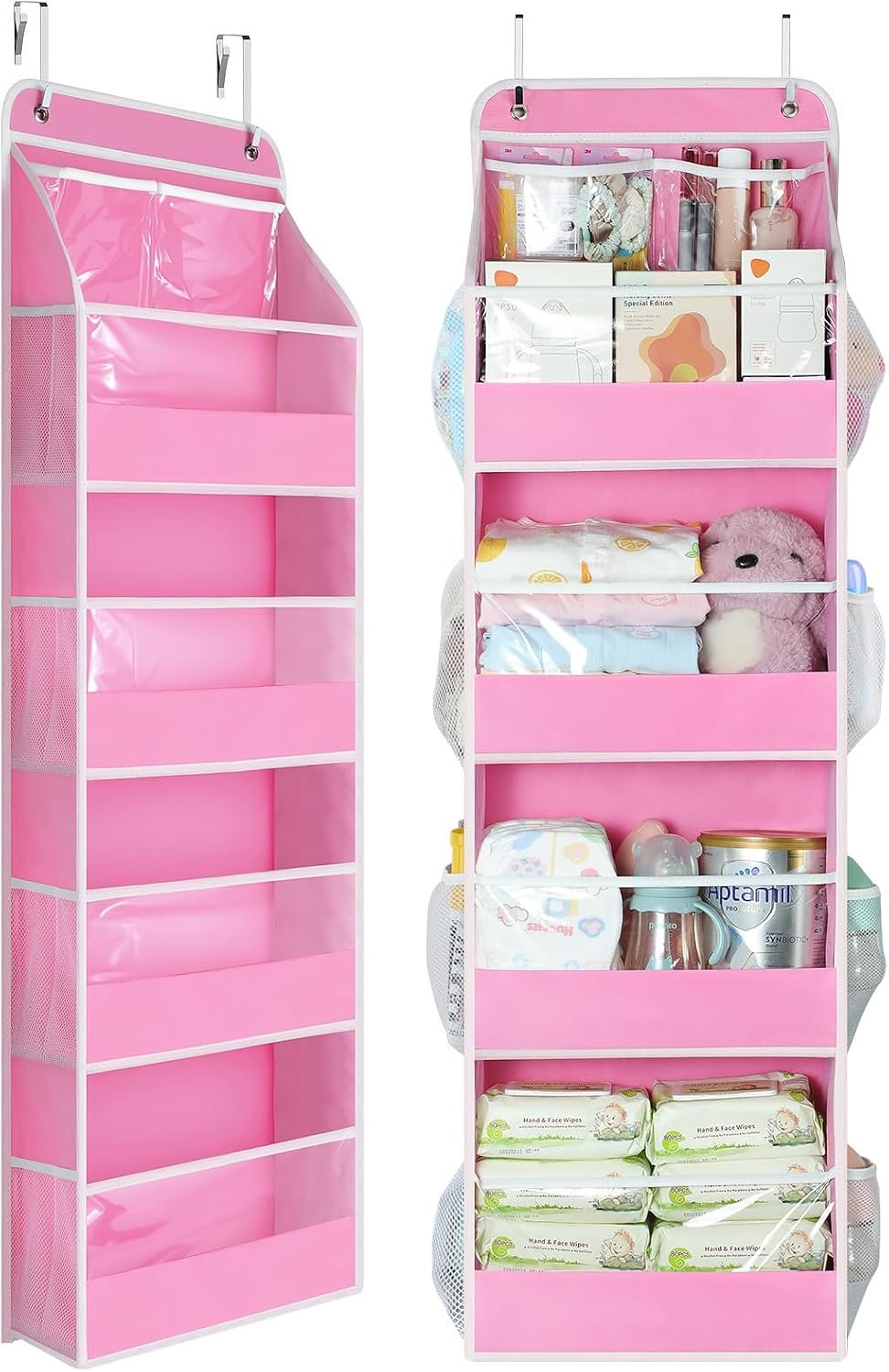 Yecaye 5 Tier Over the Door Organizer, Swing-proof Door Organizer Hanging with Clear PVC Windows, Behind the Door Storage for Bedroom Nursery Closet Laundry Pantry Bathroom, Pink