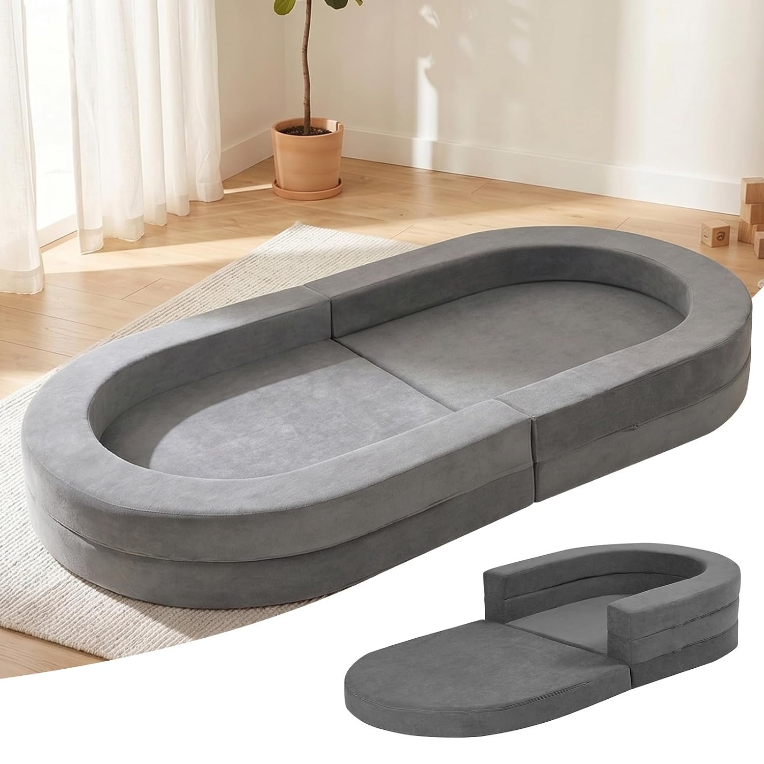 Travel Toddler Bed, 3-in-1 Portable Foldable Toddler Chair,Soft Foam Floor Bed Lounger with Washable Cover,Grey