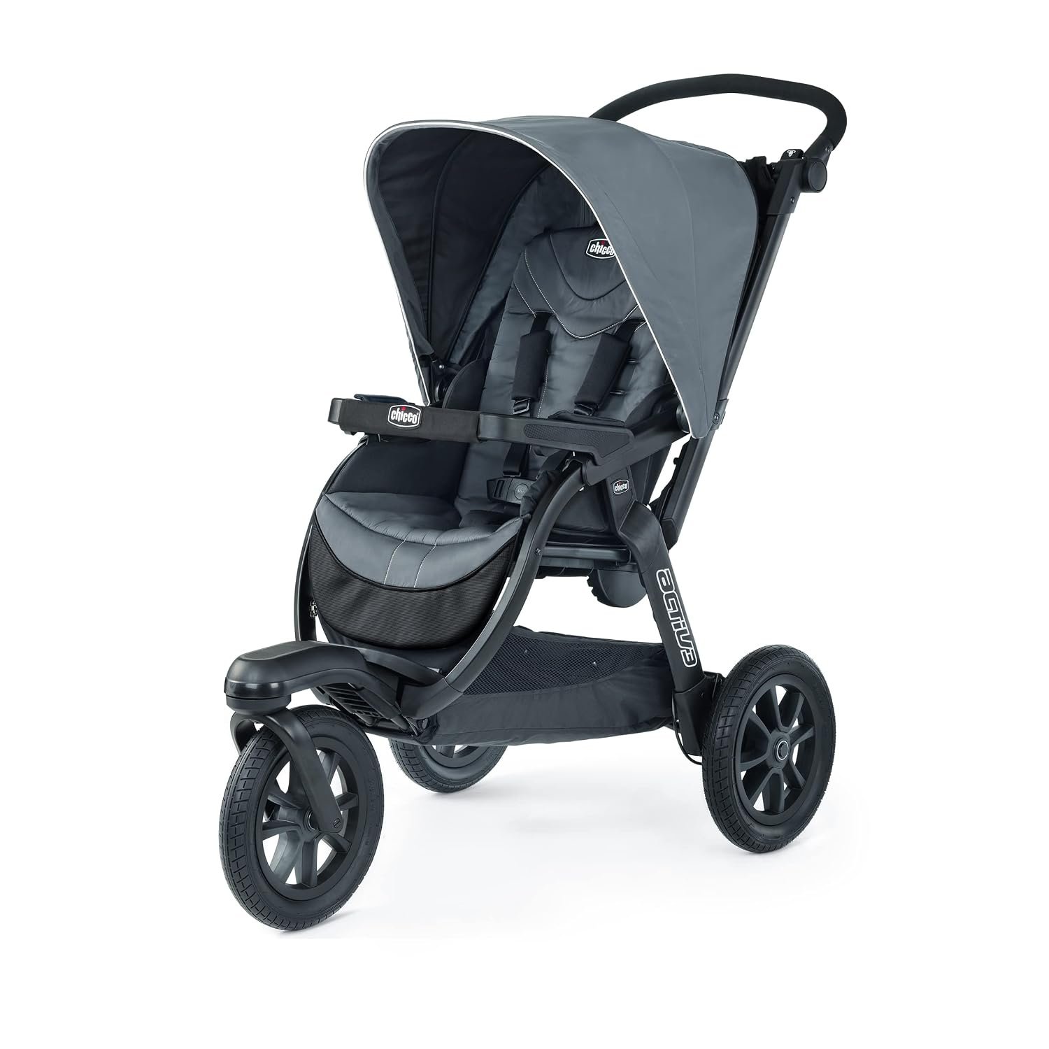Chicco Activ3 Lightweight Baby Jogging Stroller, All-Terrain 3-Wheel | Eclipse/Grey, 80% polyester, 20% PVC, UPF 50+ canopy, FlexCore suspension, Chicco compatible, compact travel stroller