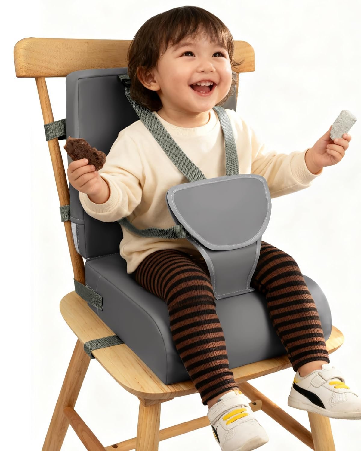 Booster Seat for Kitchen Chair, Adjustable Harness and Backrest | Waterproof, Non-Slip Toddler Booster Seat for Dining Table, Portable Height-Increasing Cushion for Home and Travel, Dark Grey