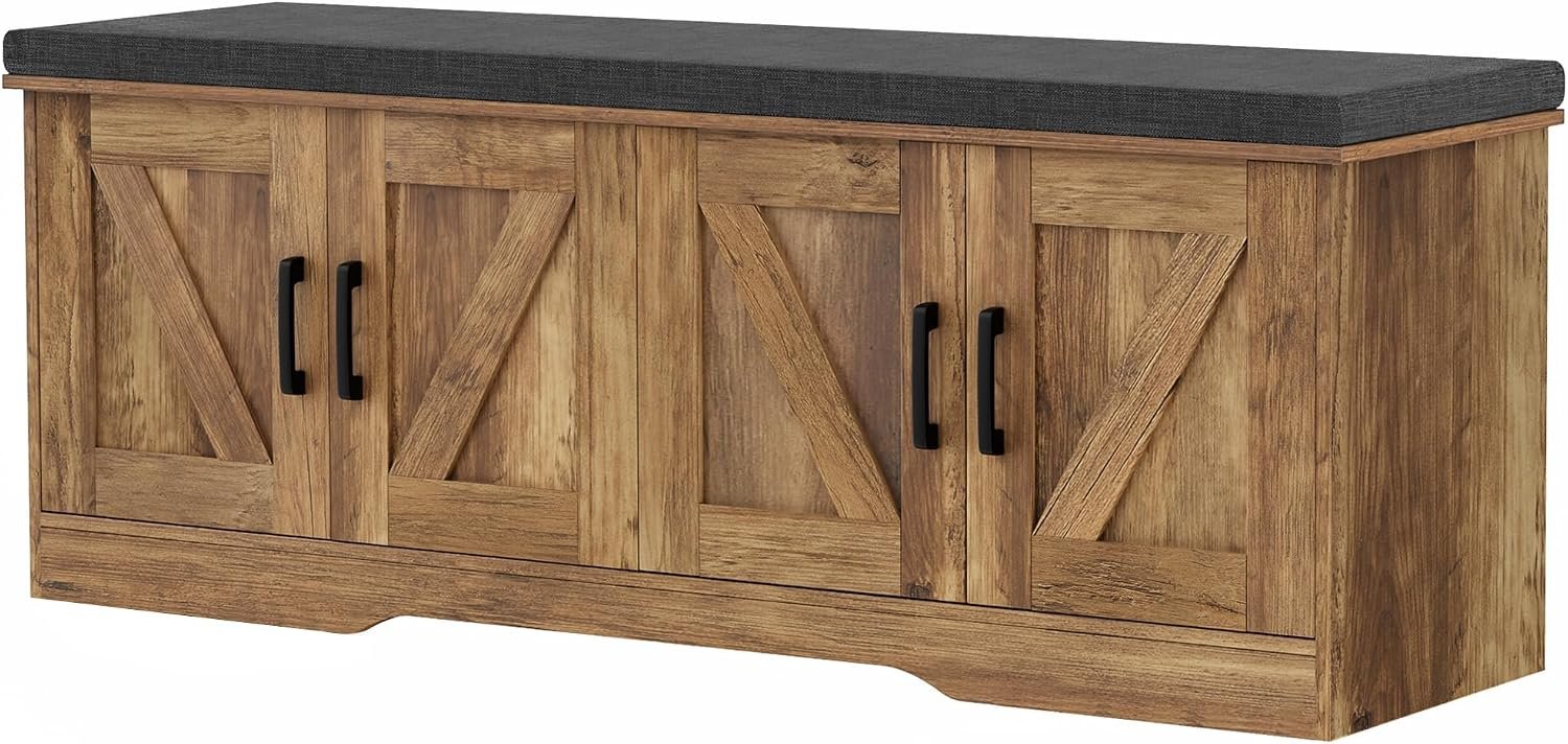 HOMSHO Farmhouse Shoe Storage Bench with 4 Barn Doors & Padded Seat Cushion | 47.2″ Wide Entryway Bench with Adjustable Shelves & Hidden Storage, Rustic Walnut