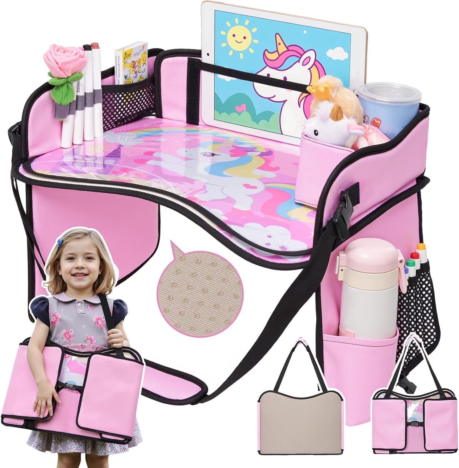 OUOZZZ Kids Travel Tray for Car, Girl’s Safety Seat Table | Weight-Relief Strap, Non-Skid Silicone Base, Waterproof Dining/Craft Mat, Carseat/Airplane Lap Desk