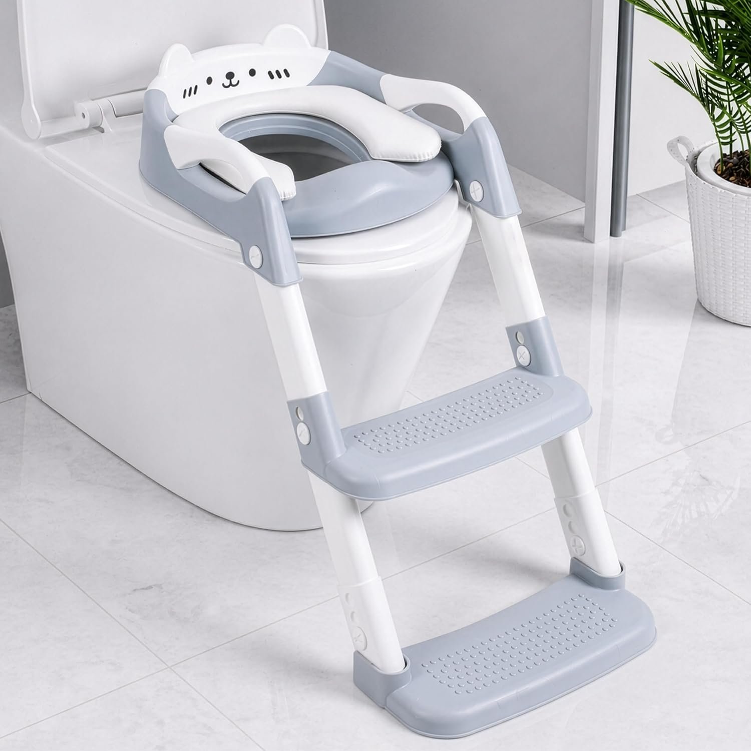 Orzbow Potty Training Seat with Step Stool, Adjustable Height, Anti-Slip | Safety Handles, Comfortable Seat Cushion, Splash Guard for Toddler Boys and Girls, Fits Most Toilets, Foldable Storage, Gray
