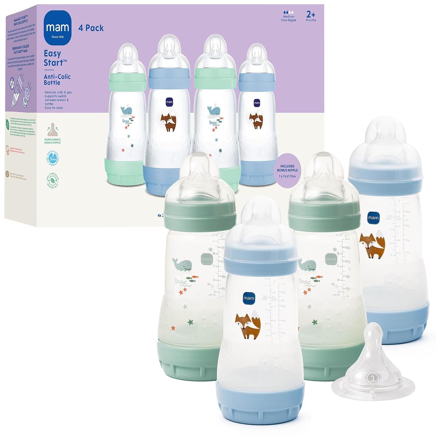MAM 9oz Easy Start Anti-Colic+ Vented Baby Bottles, 2+ Months, 4 Pack, Boy | Medium Flow Breastfeeding-Like Nipple, Dual Anti-Colic Reduces Gas & Reflux, Easy Clean, BPA Free, 2+ Months, Made In Europe