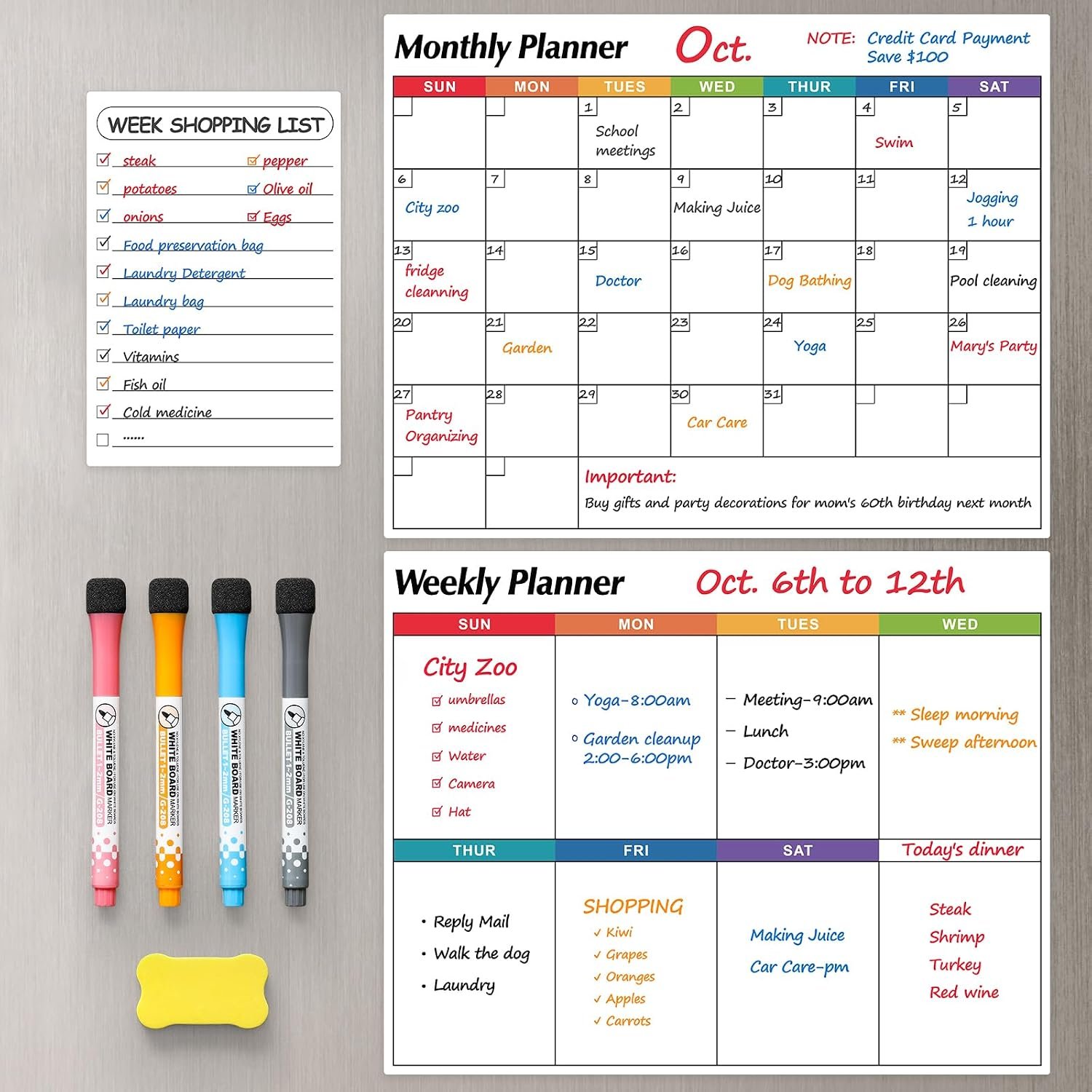 Dry Erase Magnetic Calendar for Refrigerator, 3 Pack- Monthly & Weekly & Daily Planner Magnet Whiteboard for Fridge Wall Door – Shopping, Meal/Menu, To Do List, Family Schedule Planning Board, 14″x11″