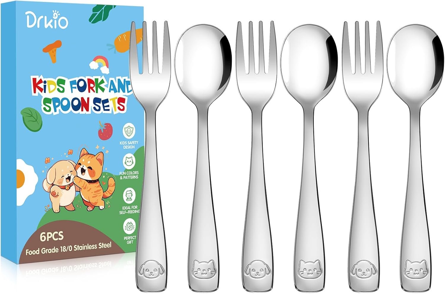 DRKIO 6Pcs Stainless Steel Toddler Utensils Small Metal Kids Silverware | Food-grade, Ideal Transitional Baby Forks and Spoons, Cute pattern, Designed for Children, Dishwasher Safe, Mirror Polished