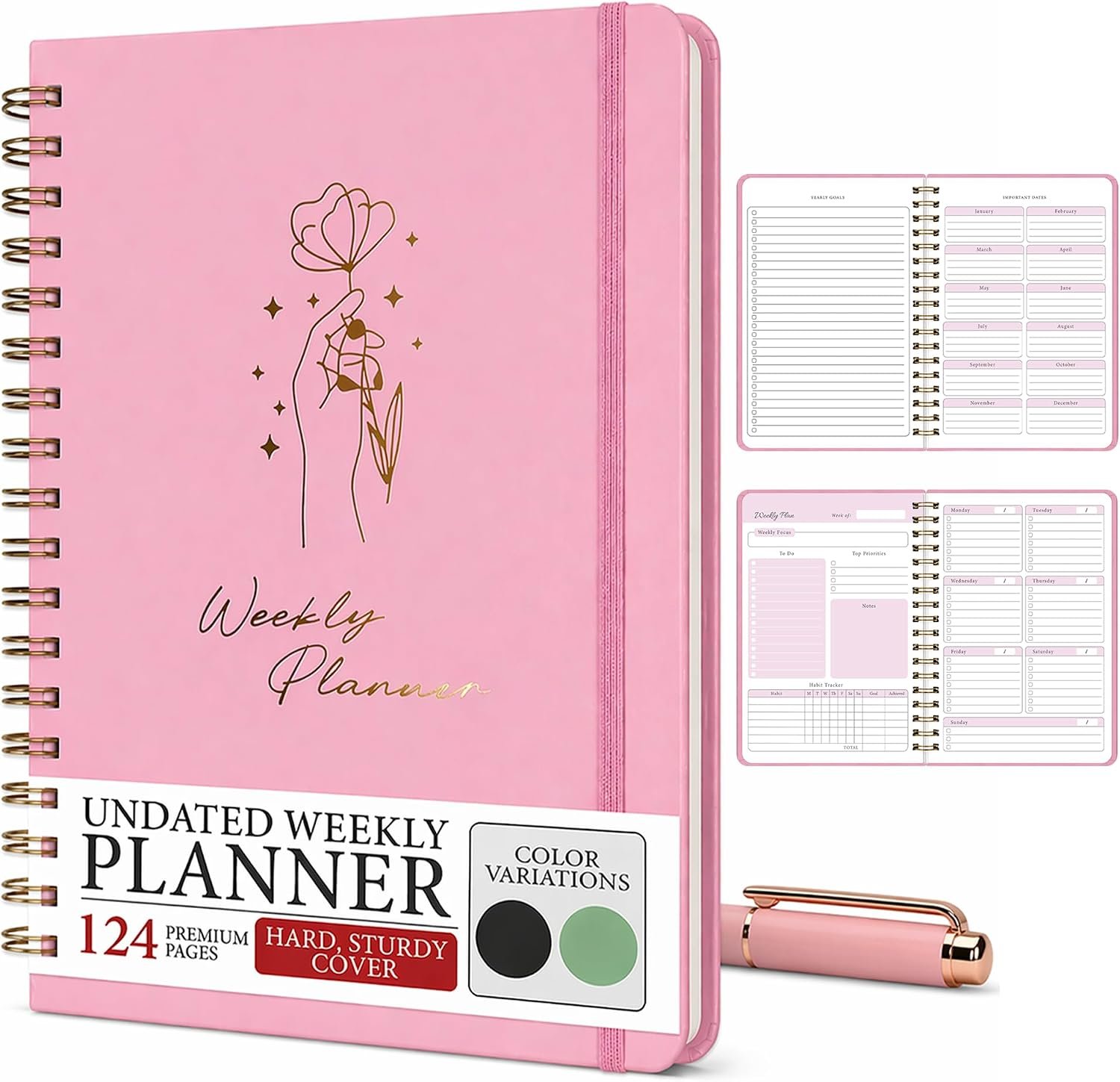 Undated Weekly Planner & Notebook for Work, School & Home | Aesthetic Hardcover Spiral Blank Planner with Habit Tracker, Goal Organizer & To Do List — 124 No-Bleed Pages, 6.4×8.5″, Pink