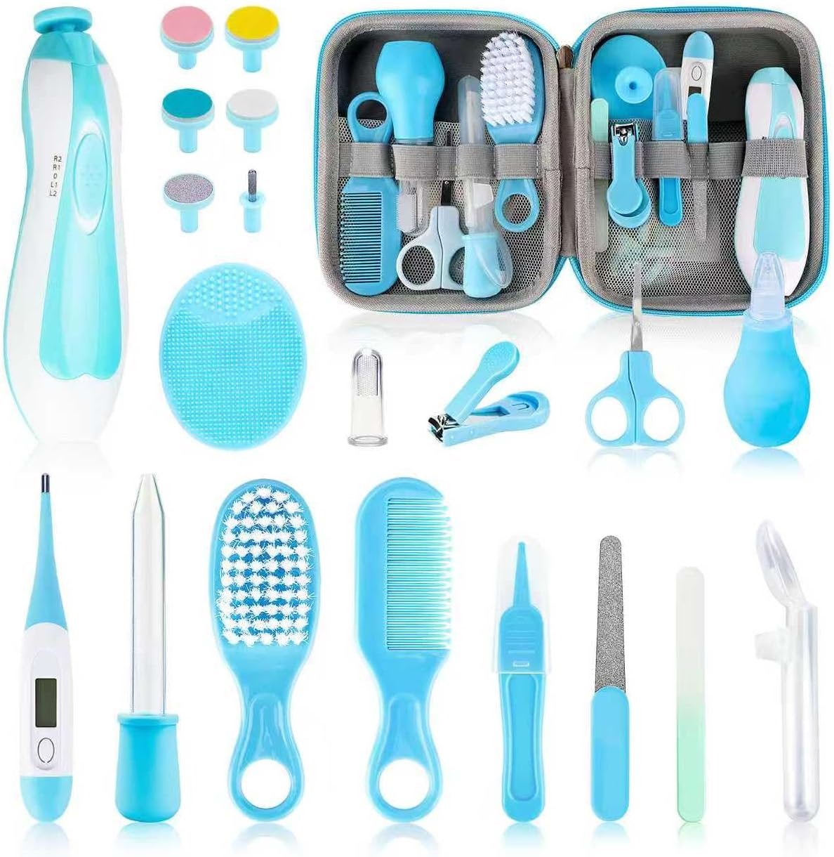 Baby Healthcare and Grooming Kit, 21pcs Baby Electric Nail Trimmer Set Newborn Nursery Health Care Set for Newborn Infant Toddlers Baby Boys Girls Kids Haircut Tools (21 Kits Blue)
