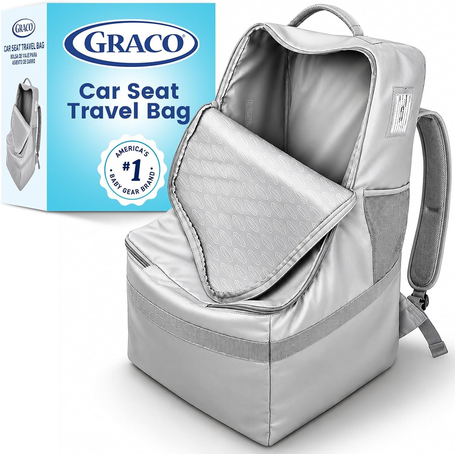 Graco Padded Car Seat Travel Bag & Infant Carrier Backpack, Gray | Durable Large Back Pack for Carseats & Booster Seats, Airport Gate Check Bag Luggage, Water Resistant Material