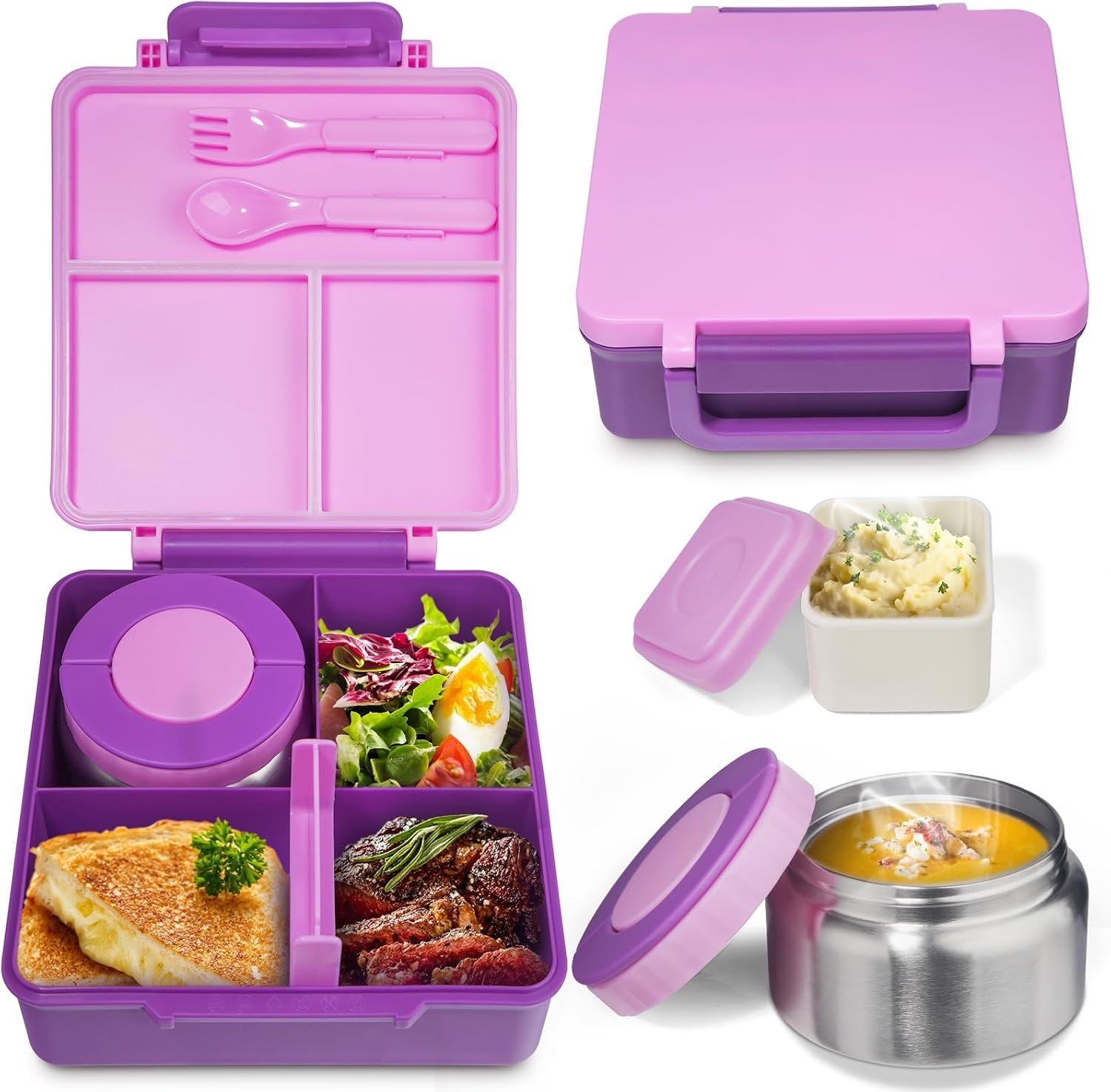 SOHIDA Bento Box with 10oz Soup Thermo: Kids Leakproof Lunch Box with 3 Compartments – Dishwasher Safe and BPA-Free – Vacuum Insulated Food Jar Suitable for Kids Back to School, Travel – Purple