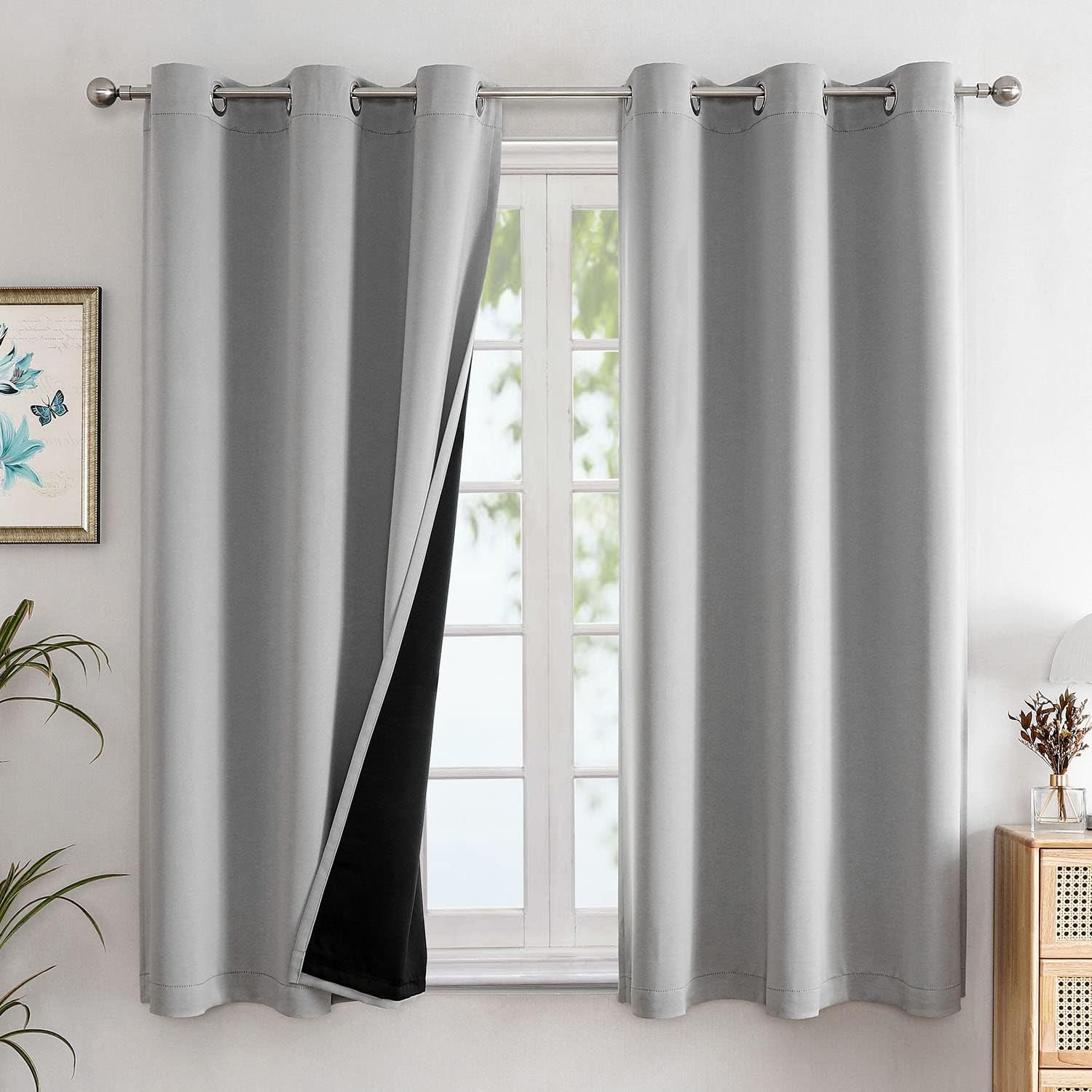 ChrisDowa 100% Blackout Curtains for Bedroom 63 Inch Long with Black Liner | 2 Thick Layers, Thermal Insulated, Grommet, Window Treatment, Living Room Drapes, 2 Panels Set, Light Grey, 42 x 63 Inch