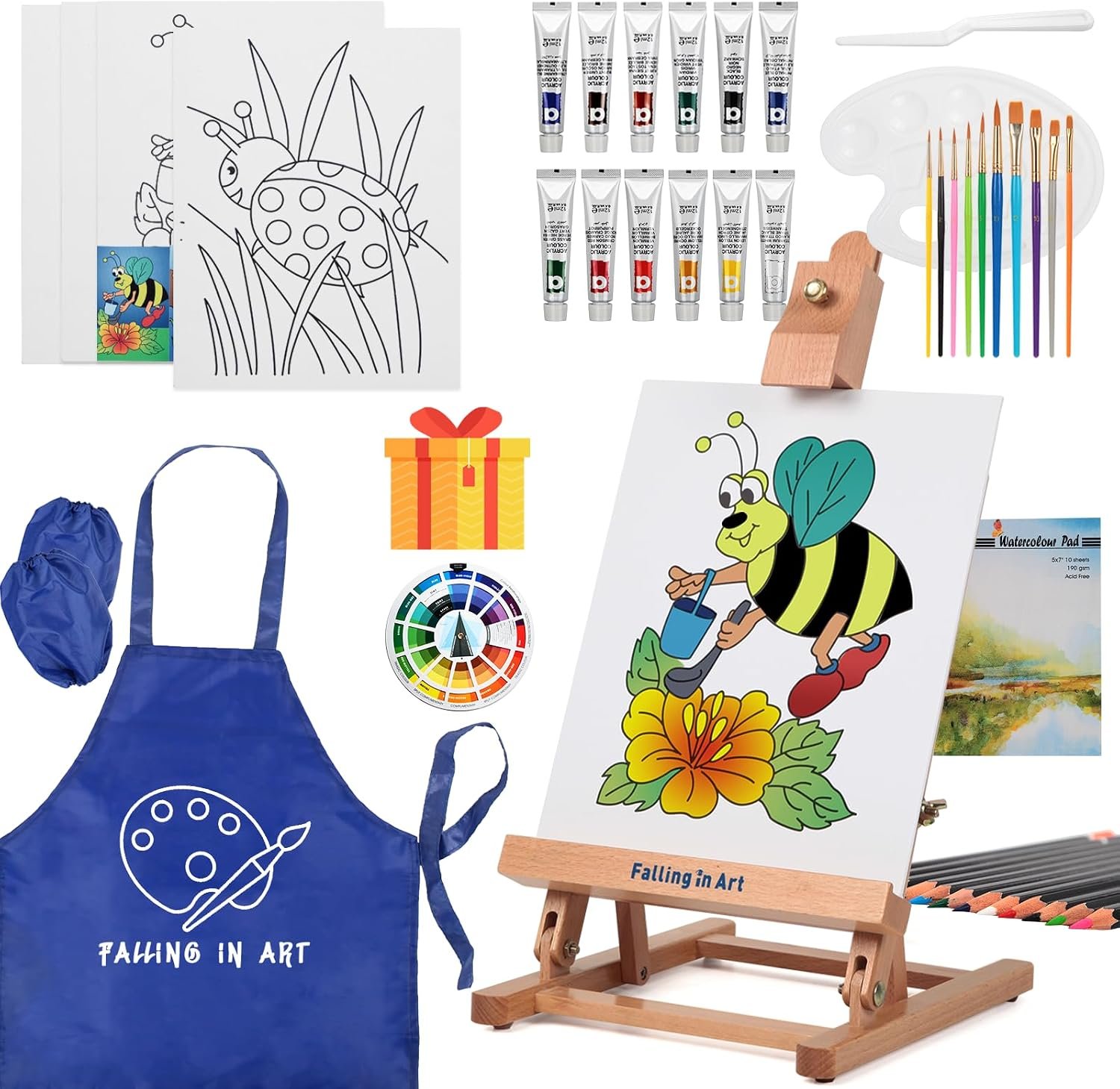 Falling in Art Painting Set for Kids with Table Easel | Acrylic Painting Starter Kit with Paints, Colored Pencils, Brushes, Canvas &Watercolor Pad for Christmas Gift, Blue