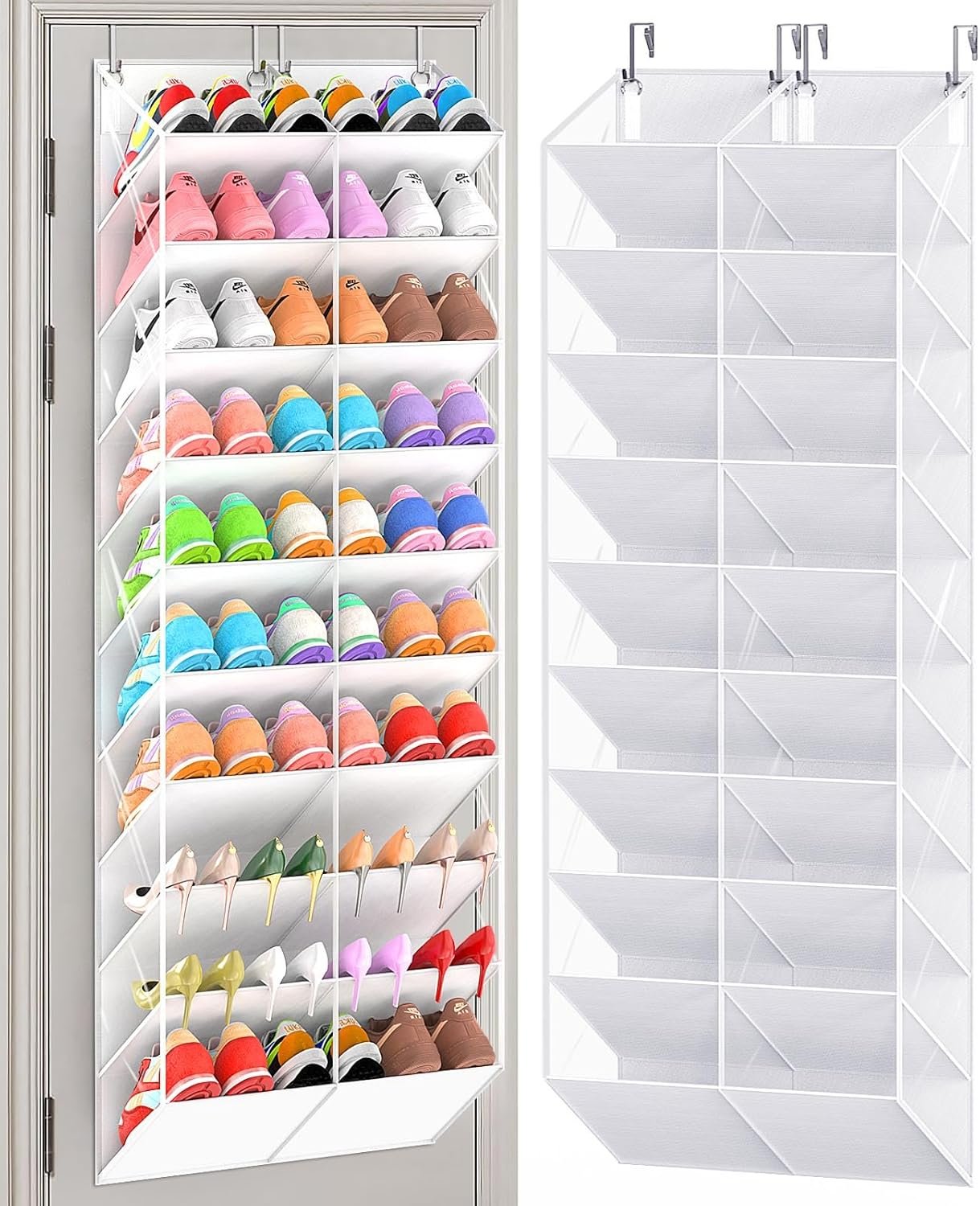UVIAHOMI 20-30 Pairs Over the Door Shoe Organizer, Clear Pockets Hanging Shoe Storage for Closet, 10-Tier Door Shoes Rack, Handing Shoes Holder Fit All the Family’s Sneakers, Boots, Heels, White