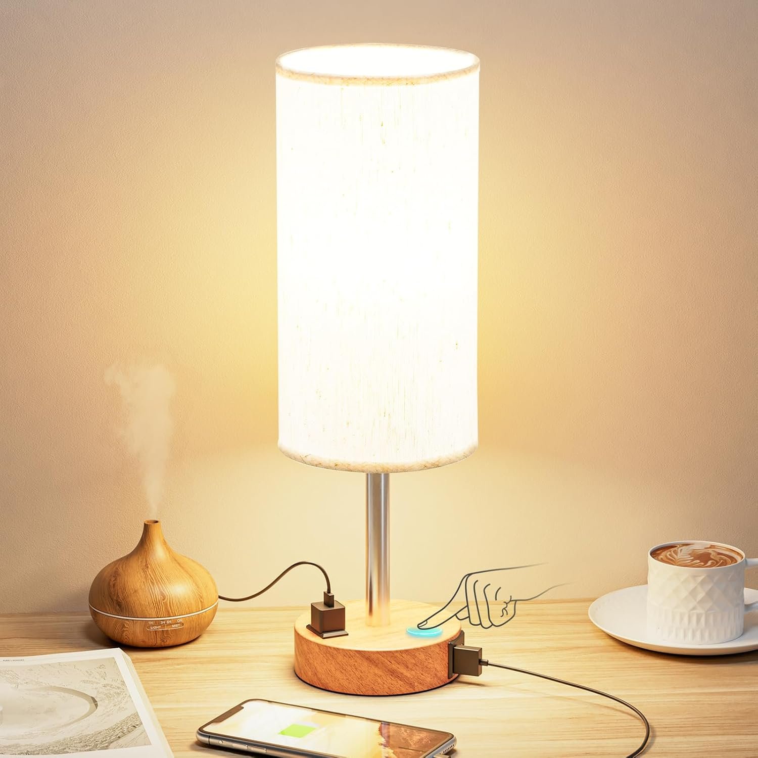 Fenmzee Bedside Table Lamp for Bedroom – Dimmable Touch, USB A+C, AC Outlet | 3-Way Dimmable, LED Bulb Included, Fabric Lampshade, Wood-Grain Metal Base, 14″ Small Nightstand Lamp for Desk, Living Room