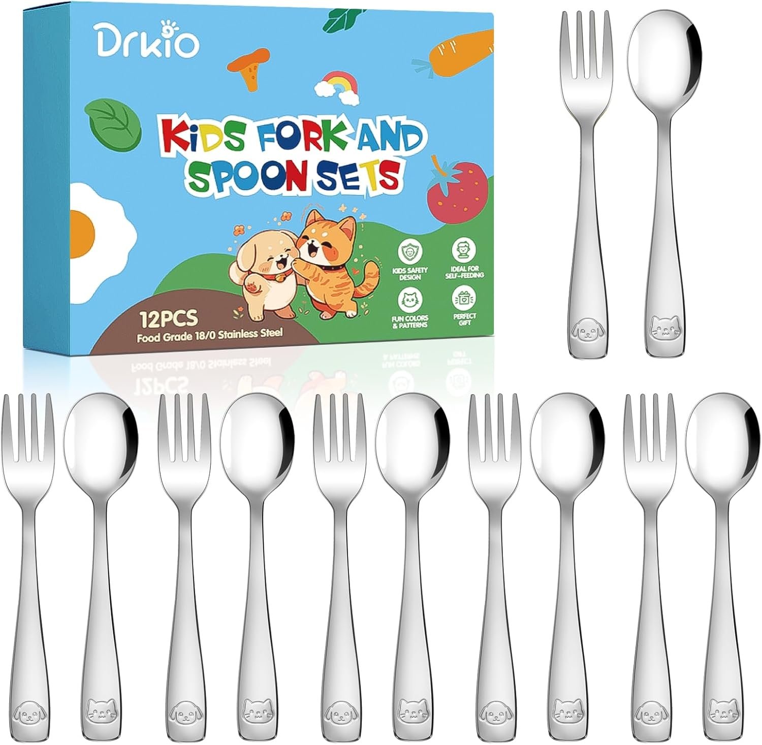 DRKIO 12Pcs Stainless Steel Toddler Utensils Small Metal Kids Silverware | Food-grade, Ideal Transitional Baby Forks and Spoons, Cute pattern, Designed for Children, Dishwasher Safe, Mirror Polished