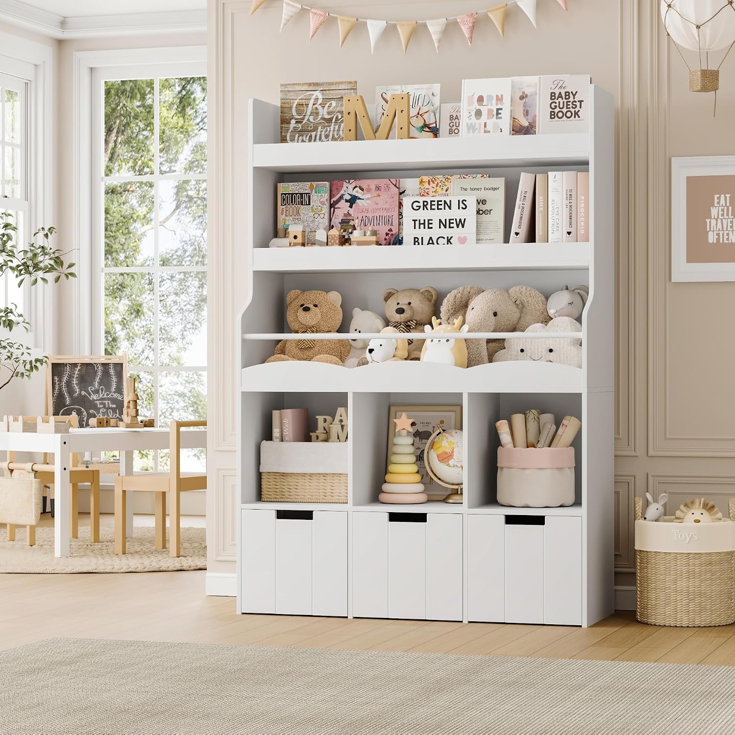 HITHOS Toy Storage Organizer w/Bookshelf & Stuffed Animal Organizer, White | Large Toy Organizer with 3 Movable Storage Bins, 39.2″W Kids Book Shelf and Bookcase with Toy Boxes for Kids Room, Playroom