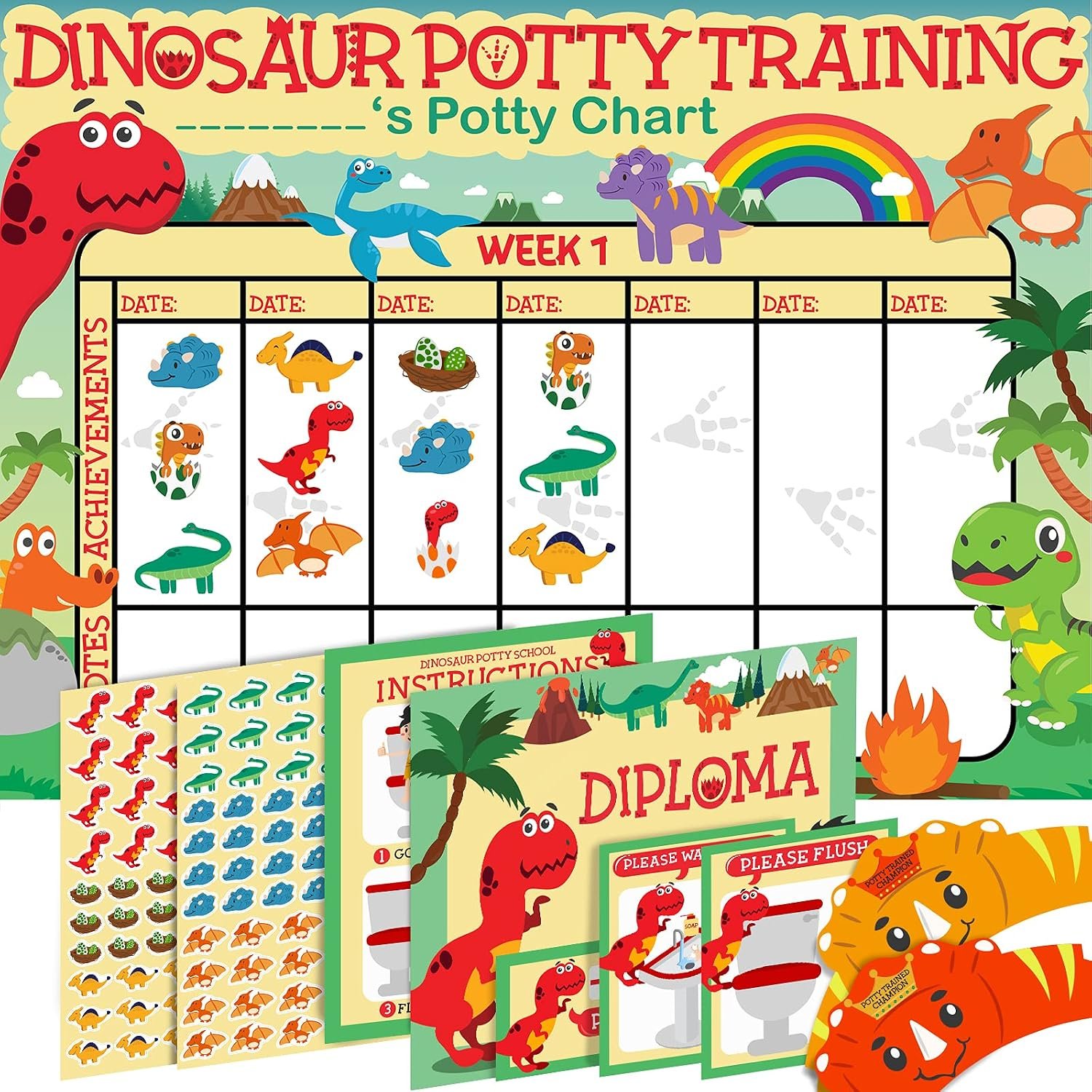 Potty Training Chart for Toddlers, Dinosaur Design Reward Chart – 194 Cool Stickers, 2 Fun Crowns, Motivational Certificate, Bonus Instruction Cards, Booklet & Erasable Pen for Boys and Girls