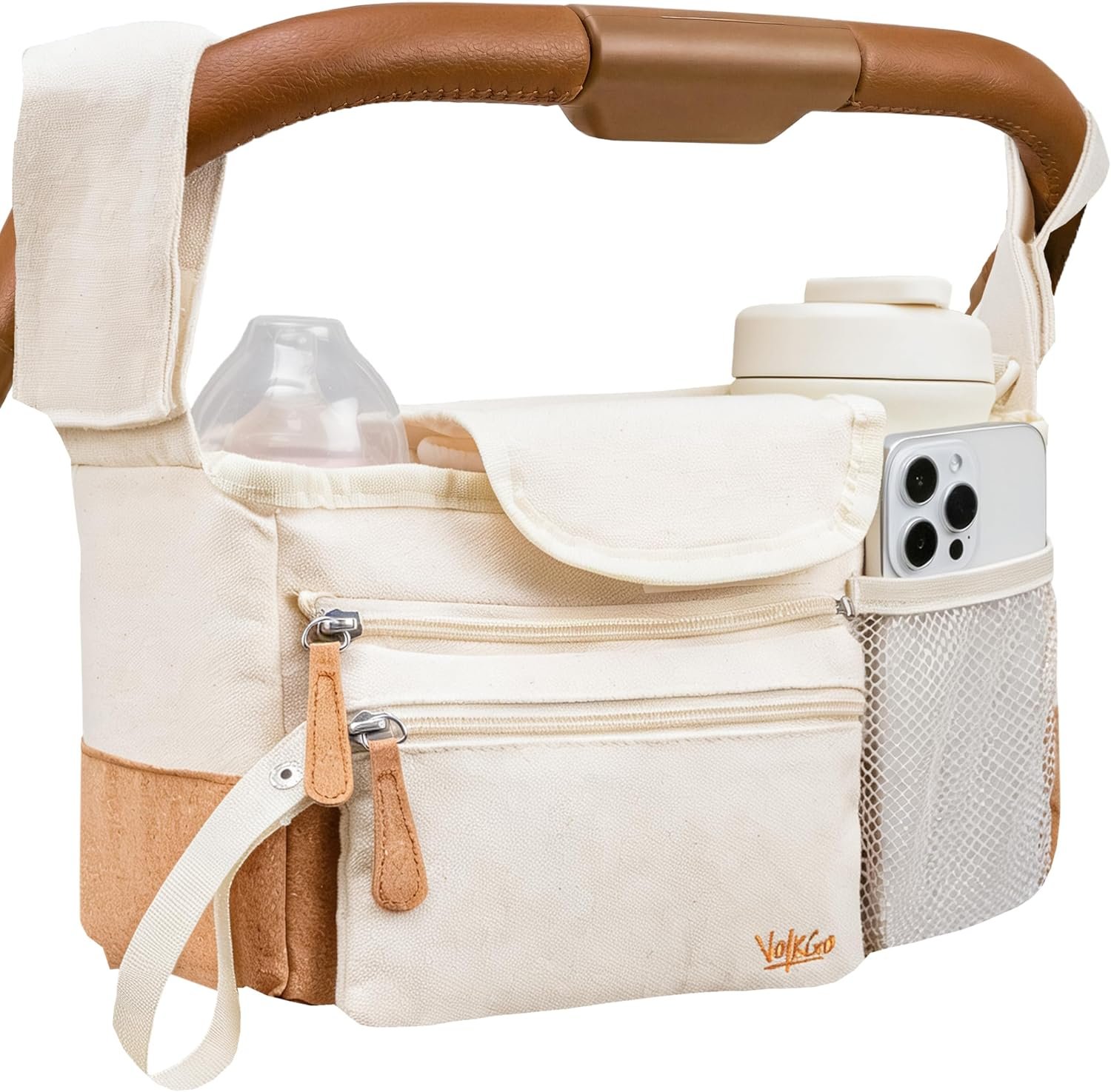 V VOLKGO Stroller Caddy with Cup Holder – Stroller Organizer Bag for Baby Travel Gear, Baby Bottle Organizer & Baby Diaper Caddy | Insulated XL 40oz, Detachable Wristlet, Premium Canvas & Natural Cork