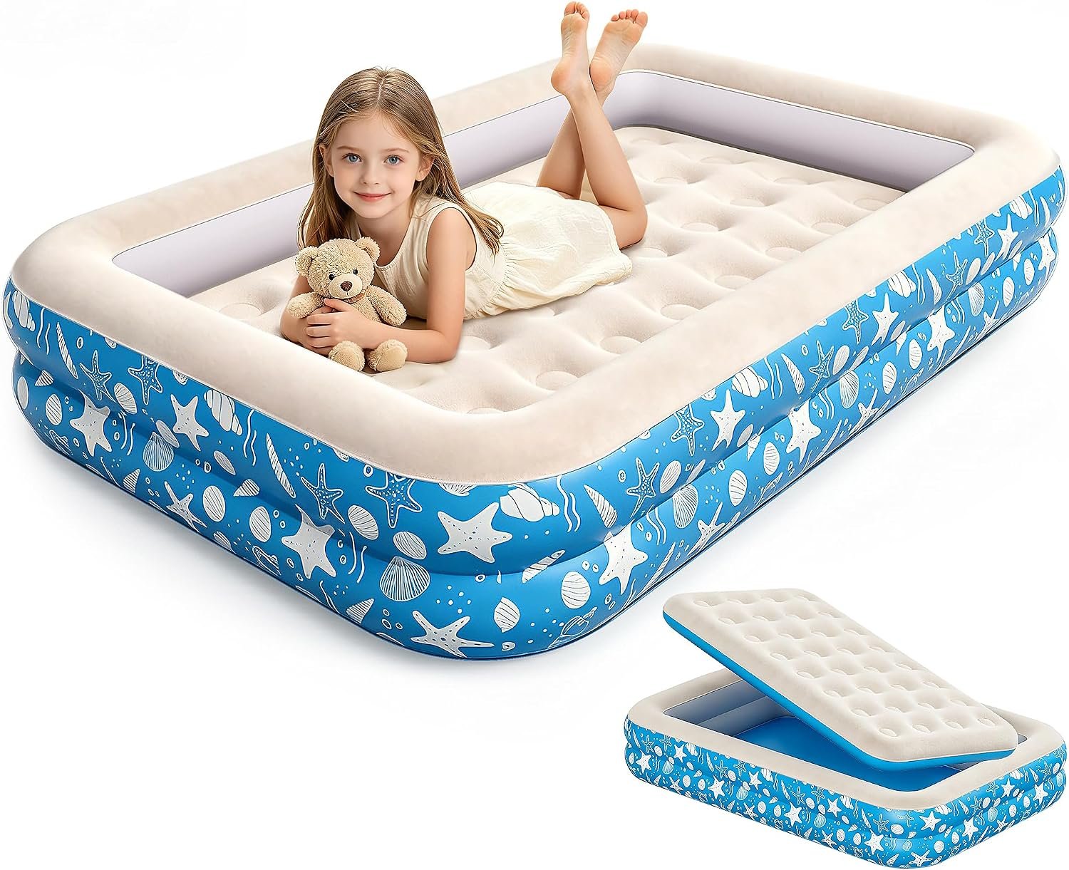 LanAqua 2 in 1 Inflatable Toddler Travel Bed with 4-Sided Safety Bumpers,Portable Kids Air Mattress,Detachable Toddler Bed for Kids,Blow up Toddler Air Mattress,Travel Toddler Bed for Camping, No Pump