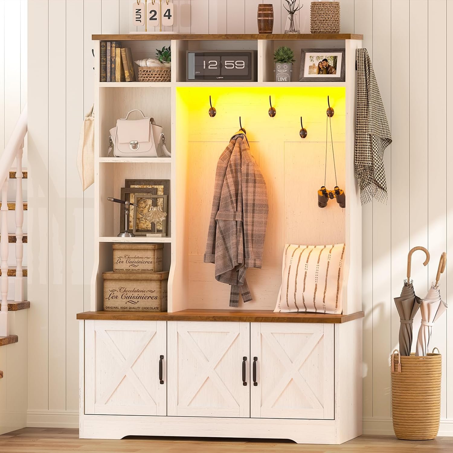 CSZZD Hall Tree with Bench & Entryway Coat Rack with Shoe Storage | Farmhouse Entryway Bench with Led Lights, 7 Coat Hooks, 6 Storage Cubbies, Adjustable Shelf, Spacious Shoe Storage Bench