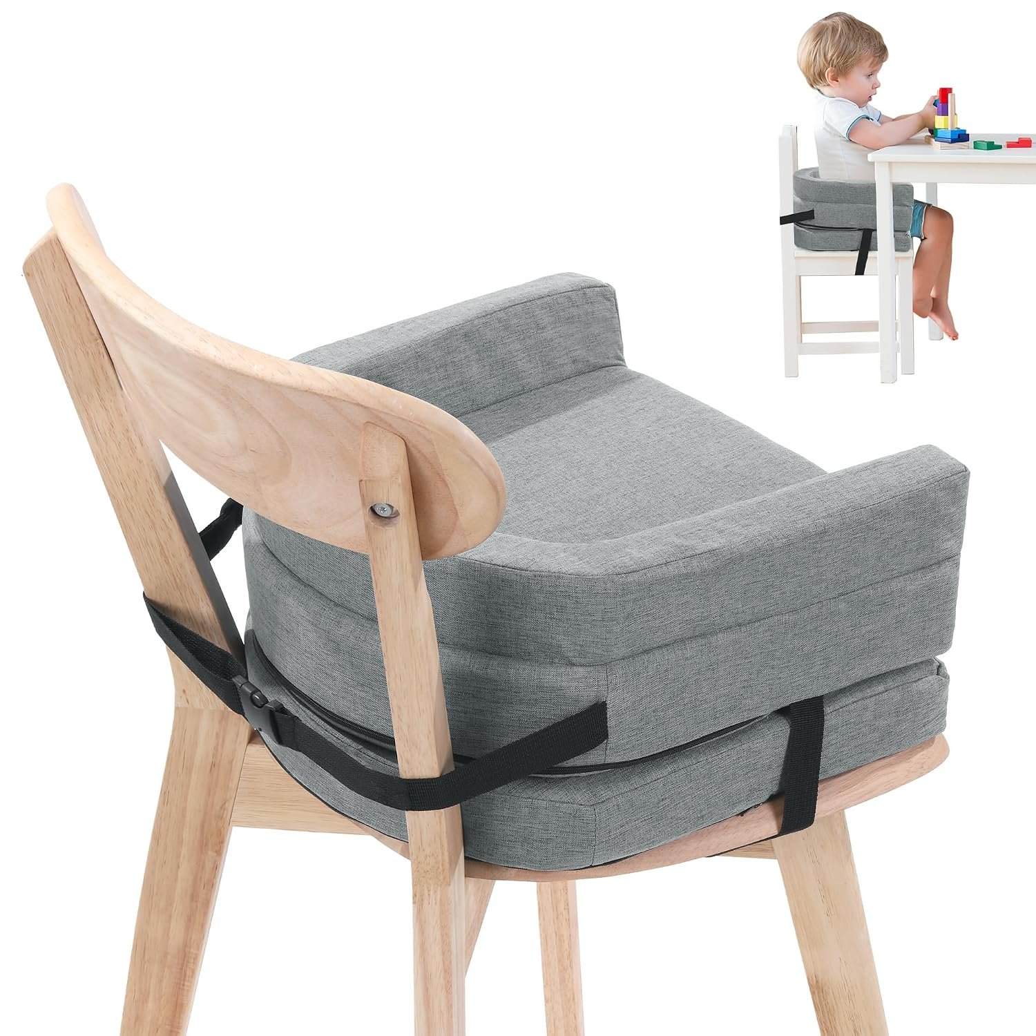 ROYALAY Toddler Booster Seat for Dining Table, Adjustable Height Booster Seat Pad for Kids Chair, 5.3inch Portable Booster Cushion with Straps, Travel Booster Seats for Baby Child Boys Girls(Grey)