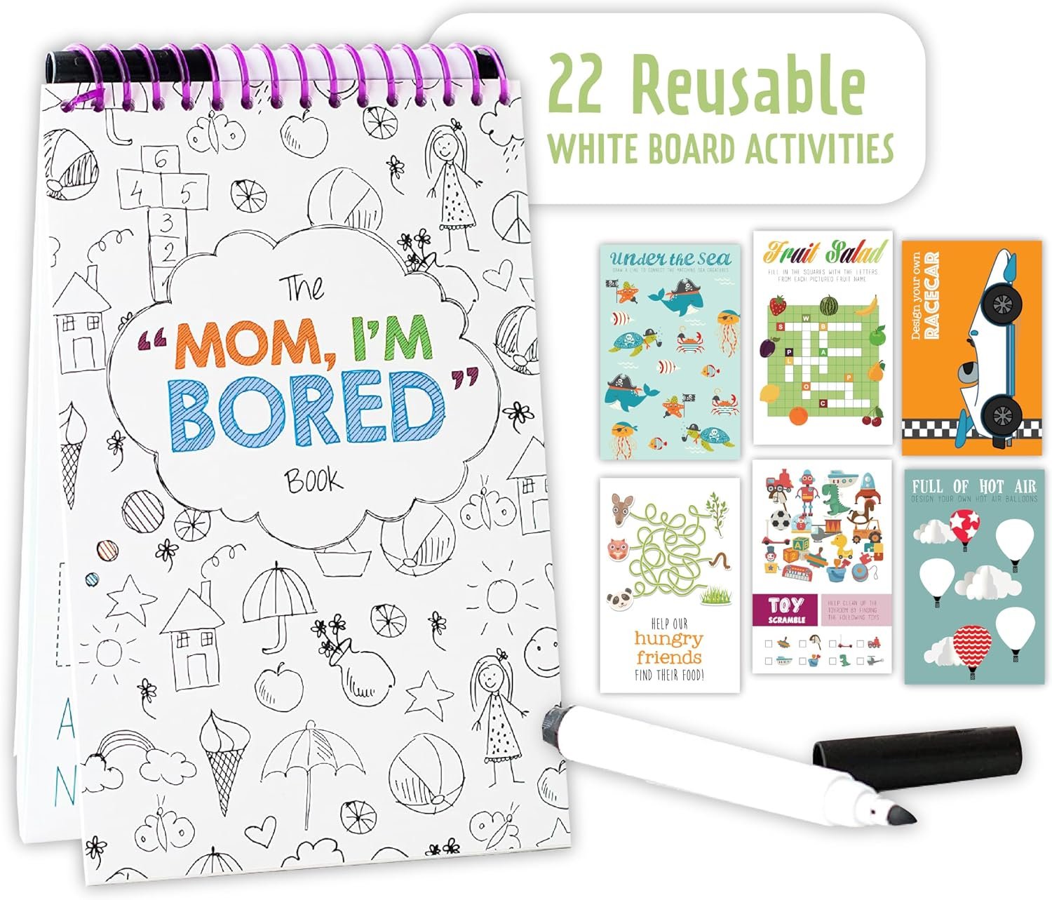 Squirrel Products Mom, I’m Bored Children’s Activity Book, Fun Reusable Dry Erase Toy – Roadtrip Essentials, Word Games, Screen Free Activites for Kids Ages 3 and Up – Original Version