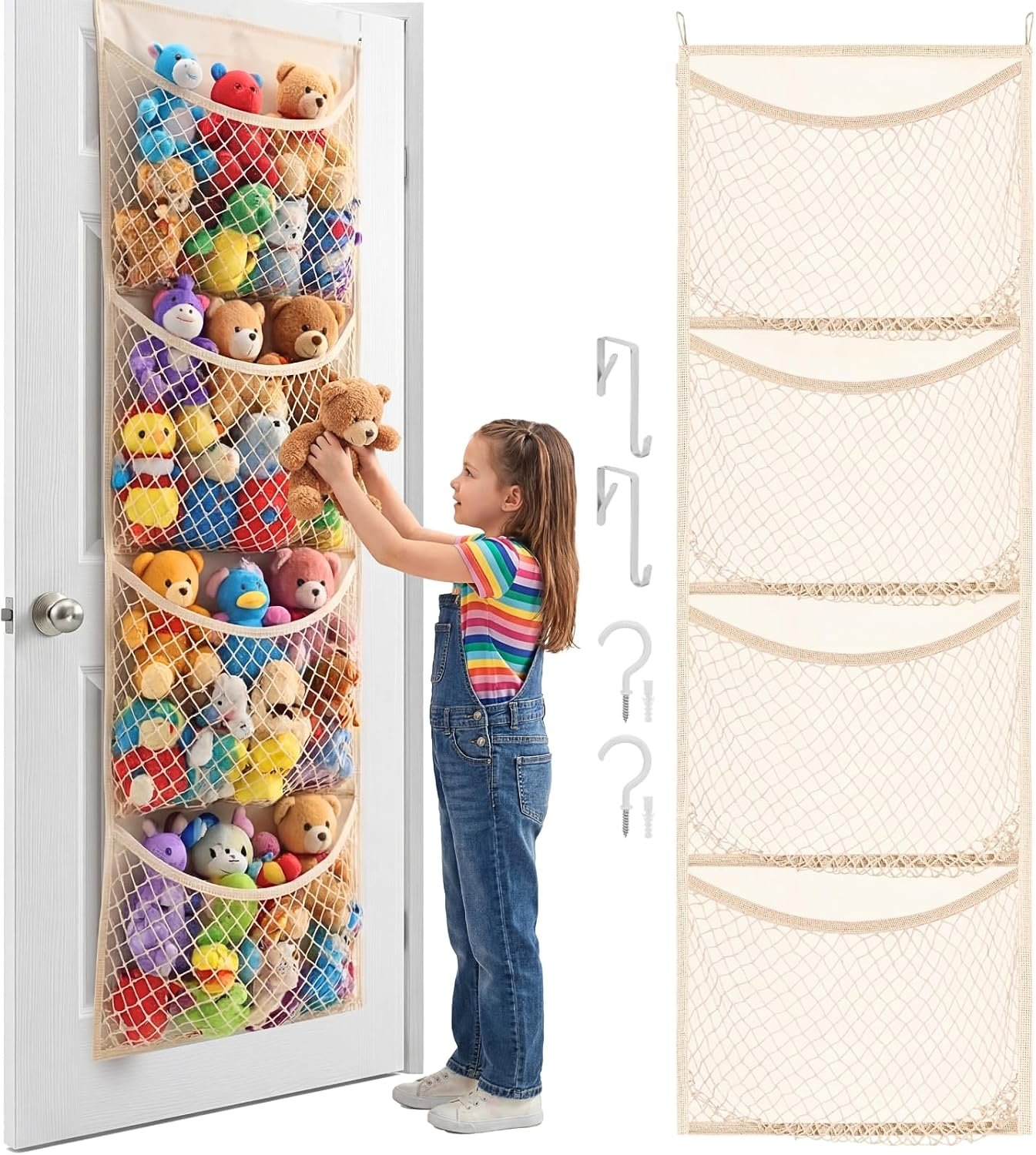 Ofiray-home Cotton Over The Door Stuffed Animal Storage | Toy Organizer for Storage Plush Toys, Stuffed Animal Holder with 4 Large Pockets, Hanging Door Organizer for Nursery