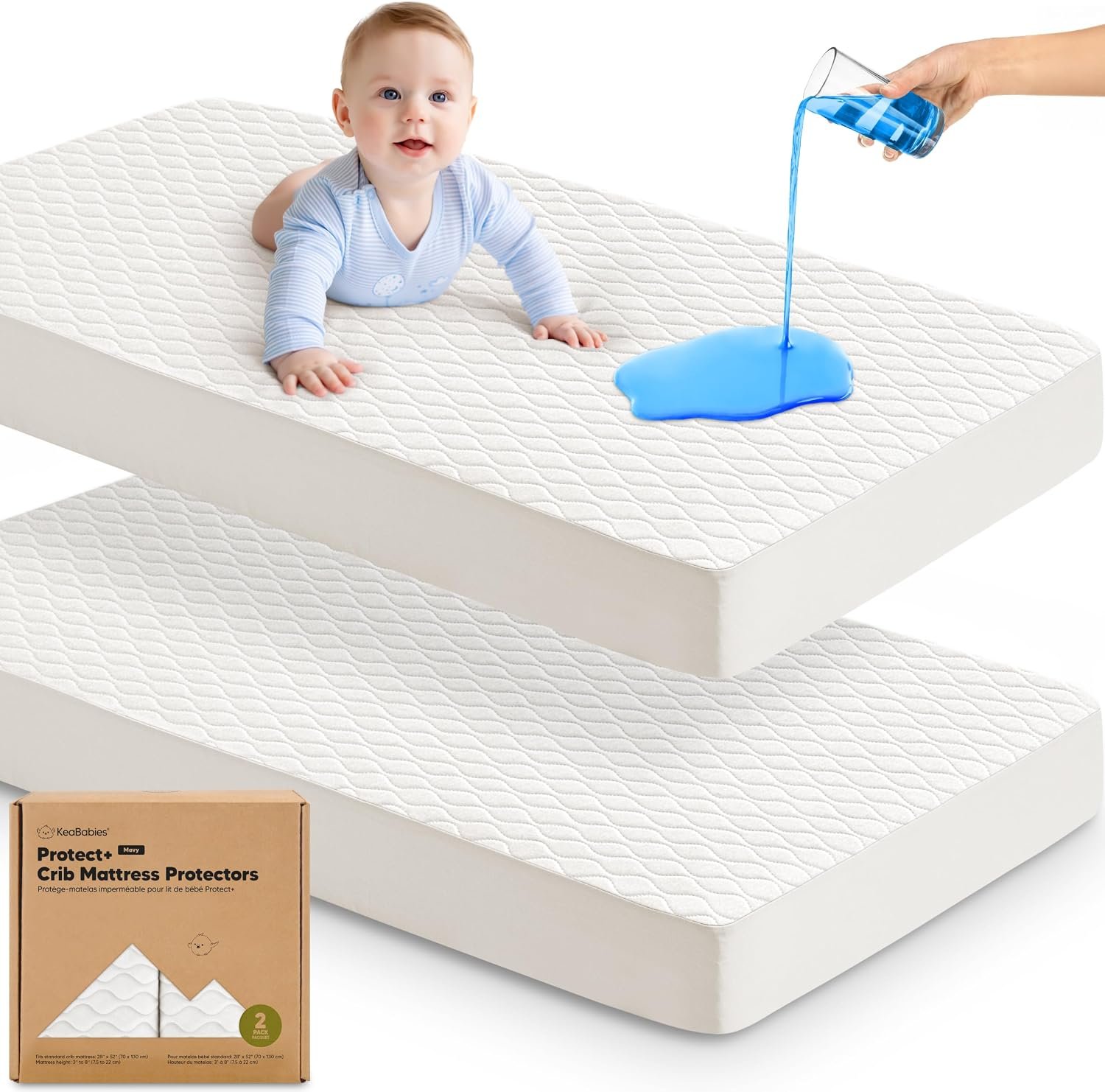 2pk Waterproof Crib Mattress Protector Cover Fitted 52×28 (Soft White/Mavy) | Soft Quilted Cotton Crib Mattress Pad Cover, Quiet Waterproof Crib Sheets, Machine Washable, Easy Fit, Durable Baby Sheets
