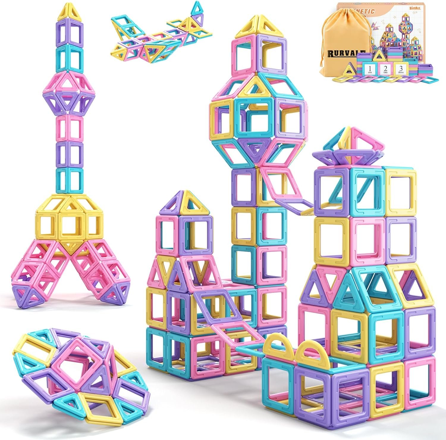 Rurvale Toddler Girl Toys, Magnetic Tiles 44pcs, Birthday Gifts Ideas for Girls Toys Age 3 4 5, Magnetic Blocks, Magnet STEM Montessori Toddler Kids Christmas Toy Gifts for 3 4 5 6 7 Year Old Girls