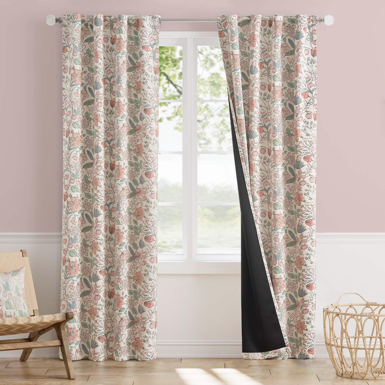 Vangao Pink Nursery Curtains for Girls Room Floral Blackout Curtains 84 Inch Length Farmhouse Drapes for Bedroom Room Darkening Flower Patterned Window Treatment for Kids Set of 2