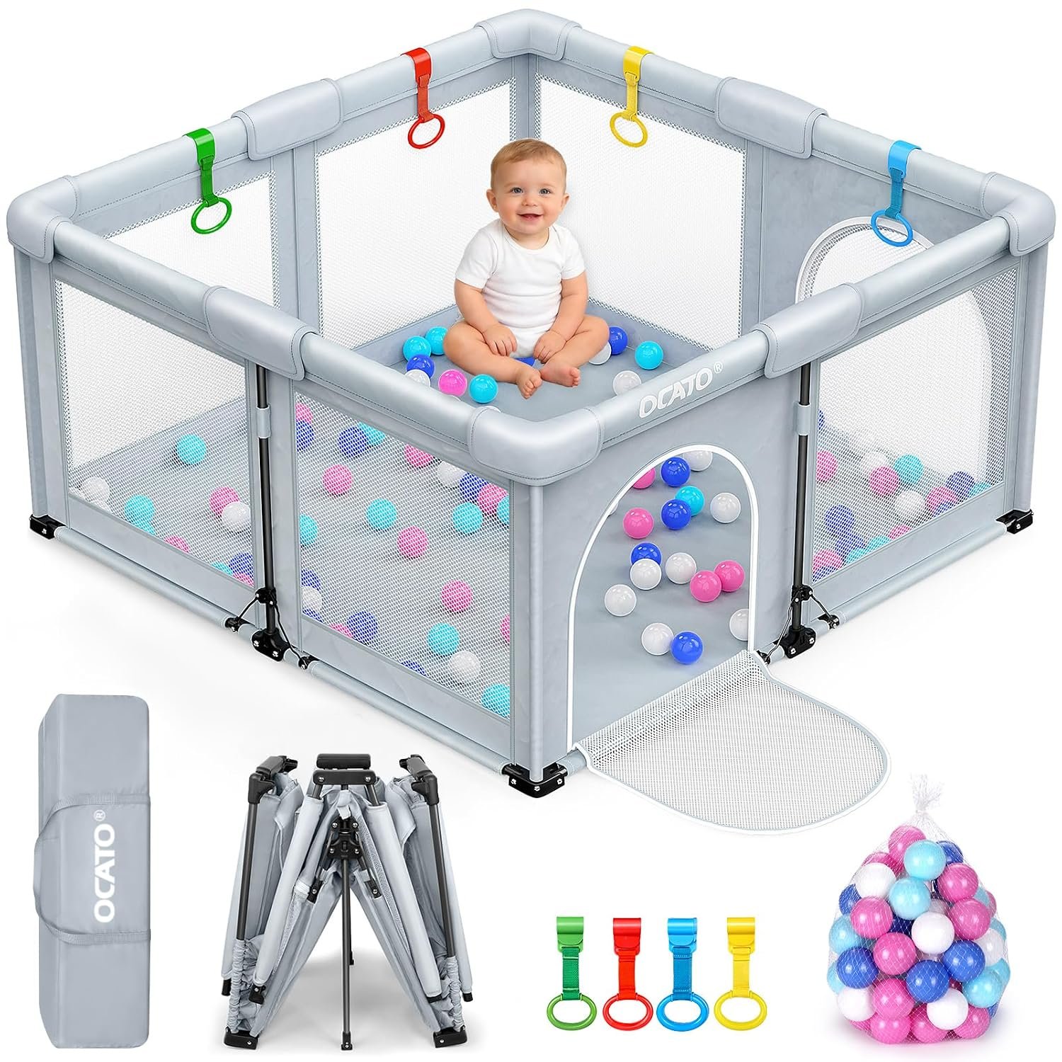 OCATO Baby Playpen: Foldable Playpen for Babies and Toddlers Large Play Pen Portable Playpen Fence Indoor Outdoor Kids Safety Area Travel Play Yard with 1 Storage Bag 4 Handlers 50 Balls (50″ × 50″)