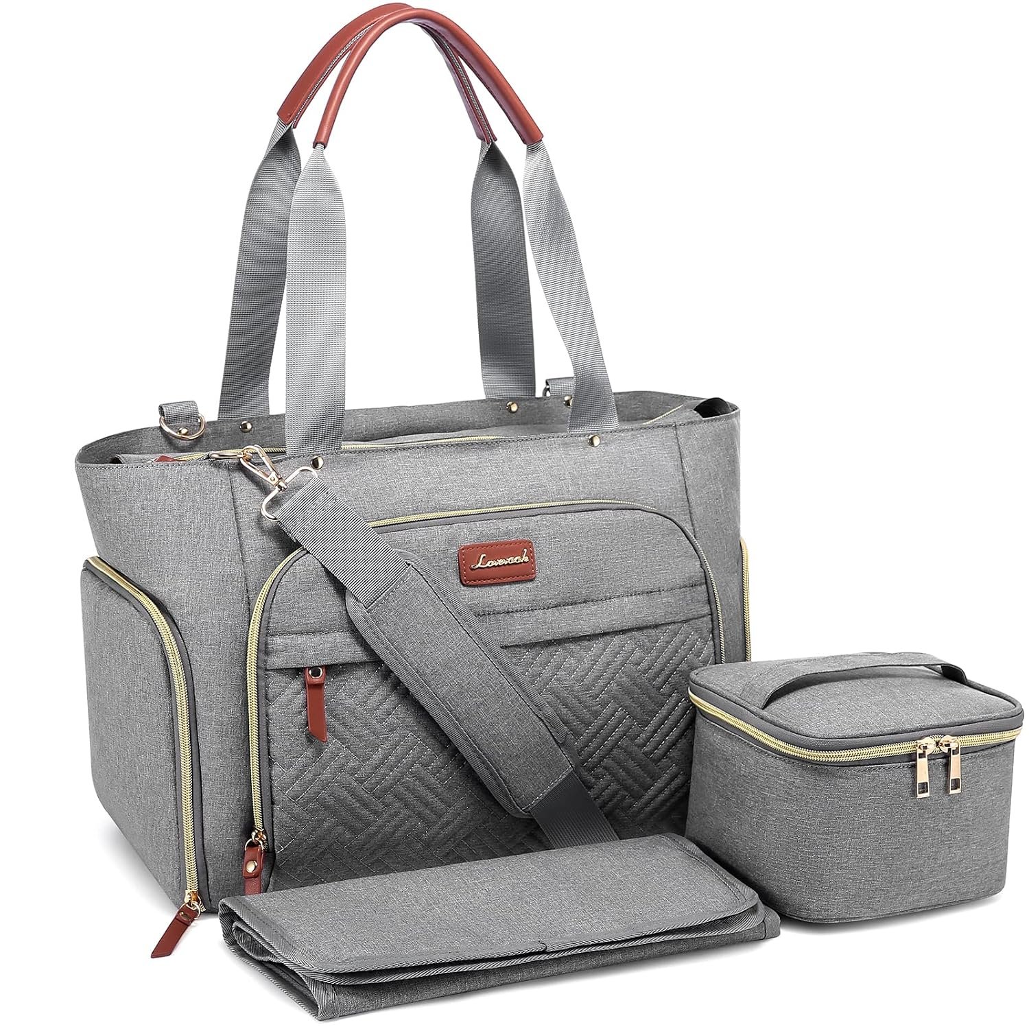 LOVEVOOK Diaper Bag Set, 3-Piece Set with Laptop Pocket, Cooler Bag & Changing Pad, Fits Most Breast Pumps, Grey, 15.7″ x 8″ x 11″, For Mothers, Newborn – 3 Years