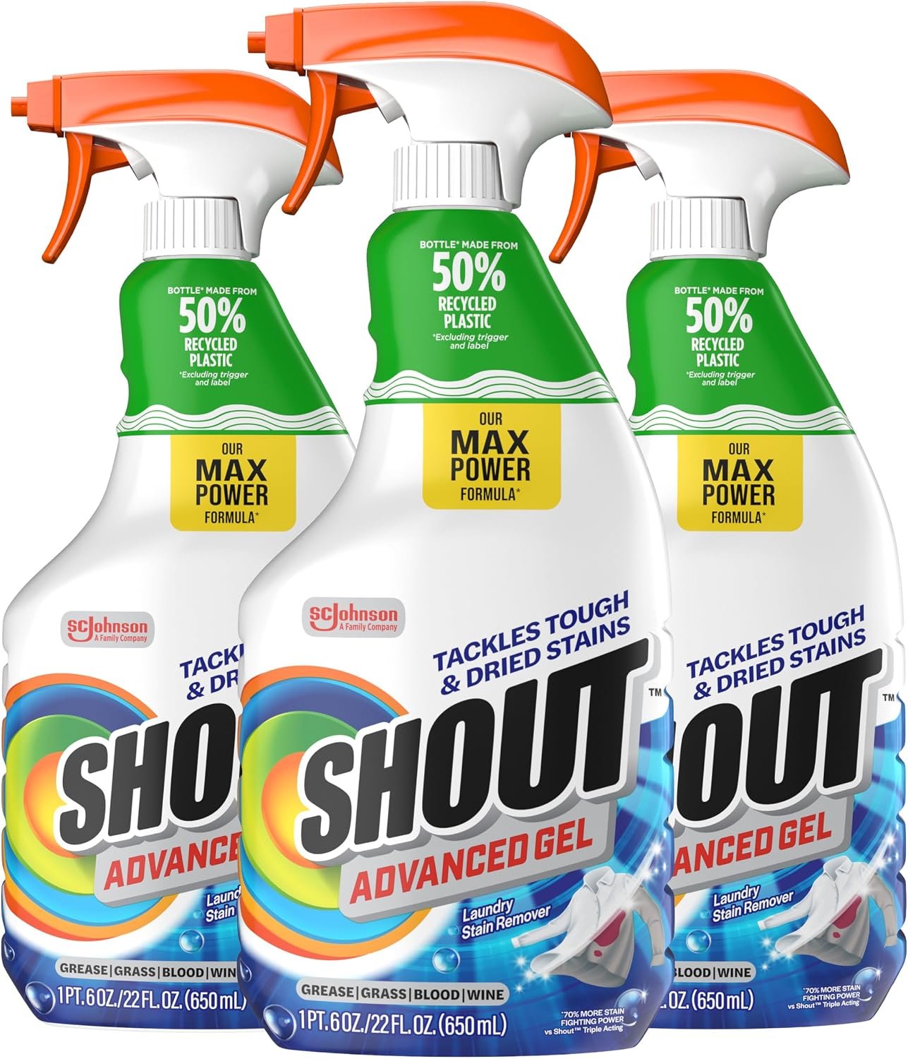 SHOUT Advanced Laundry Stain Remover Gel for Clothes Laundry, Breaks Down Stubborn, Dried-in, and Tough Stains, 22oz Spray, Pack of 3 (Packaging May Vary)