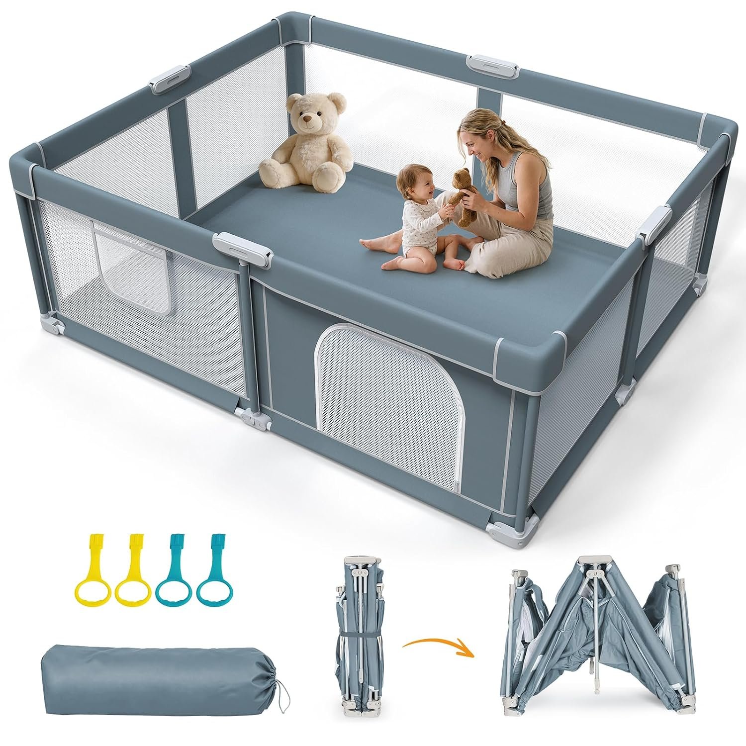 Foldable Baby Playpen – 71″×59″ Collapsible Play Pen for Babies and Toddlers – Indoor Outdoor Foldable Play Yard with 4 Handles – Folding Baby Playpen with Bag Portable Travel Play Yard