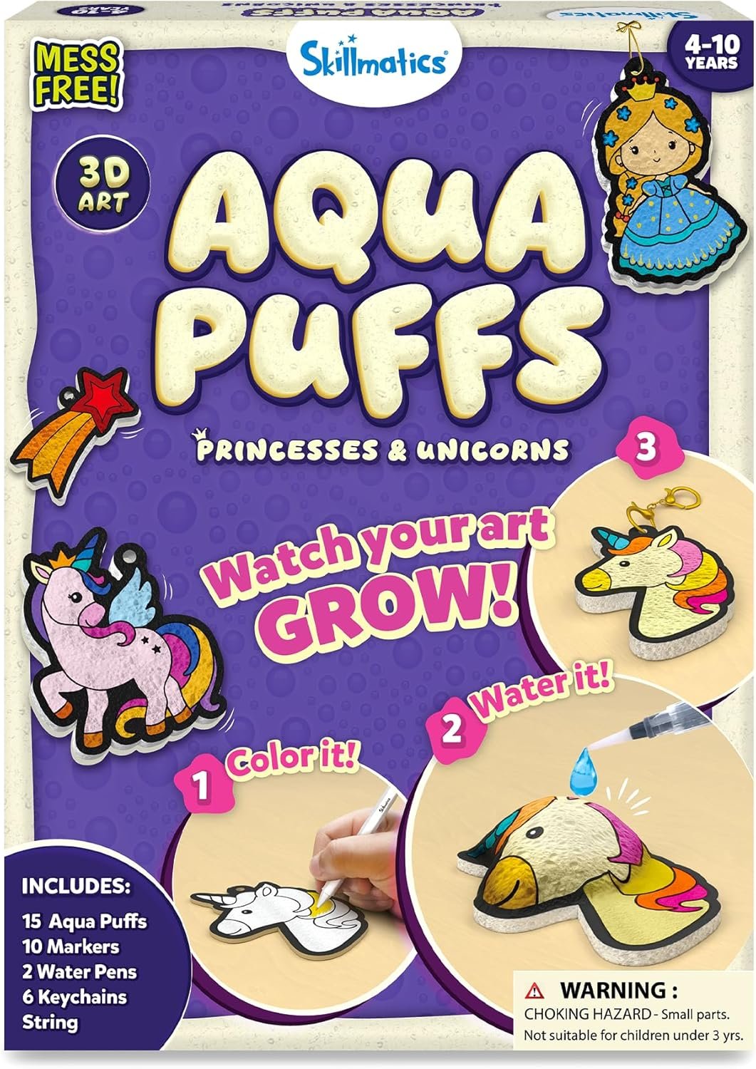 Skillmatics Aqua Puffs 3D Art Kit – Princesses & Unicorns, Mess-Free Toy | Paint by Number Craft for Kids, DIY Color Activity, Screen-Free Fun, Gift for Girls & Boys Age 4, 5, 6, 7, 8, 9, 10