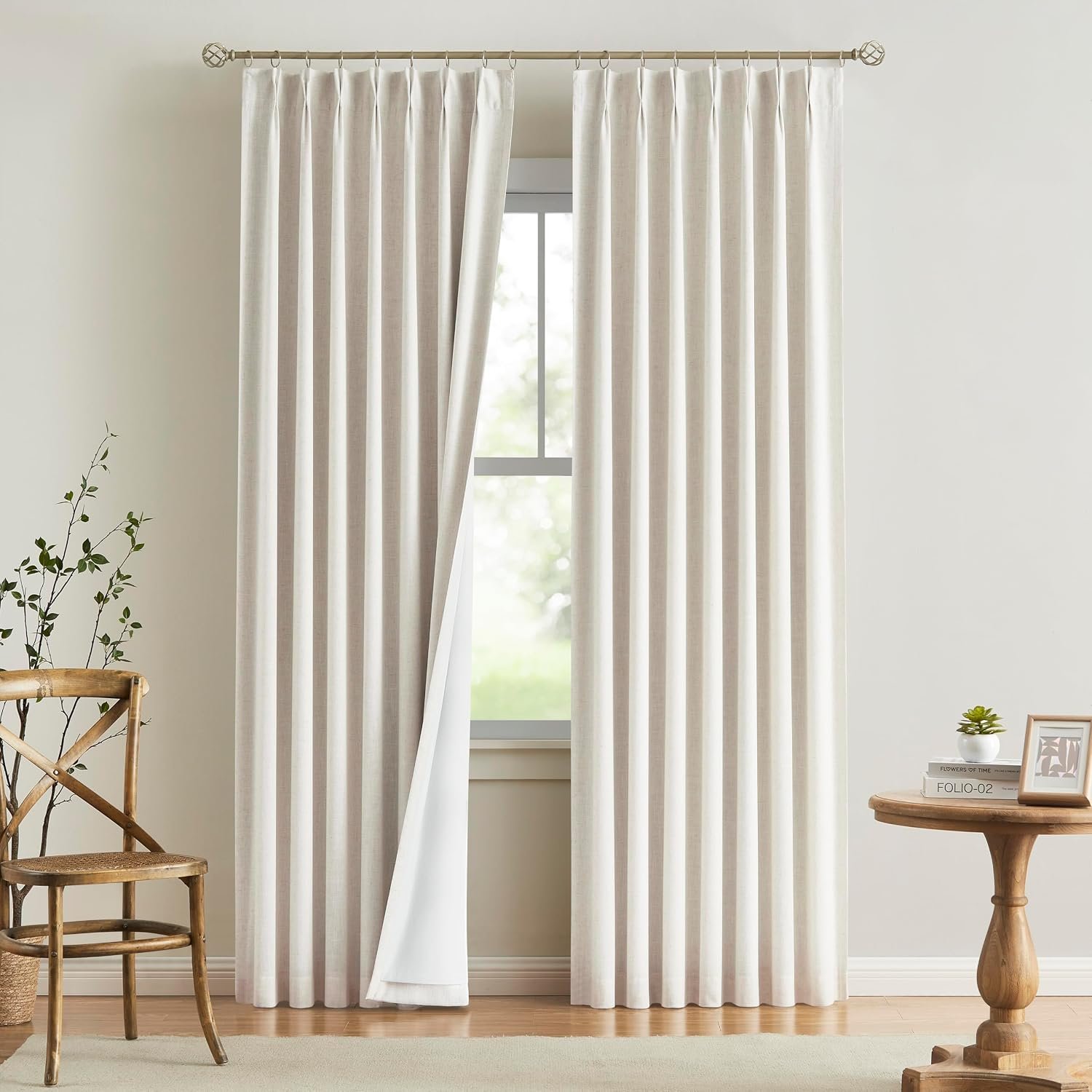 Vision Home Natural Pinch Pleated Full Blackout Curtains Linen Blended Room Darkening Window Curtains 90 inch for Living Room Bedroom Thermal Insulated Pinch Pleat Drapes with Hooks 2 Panel 40″Wx90″L