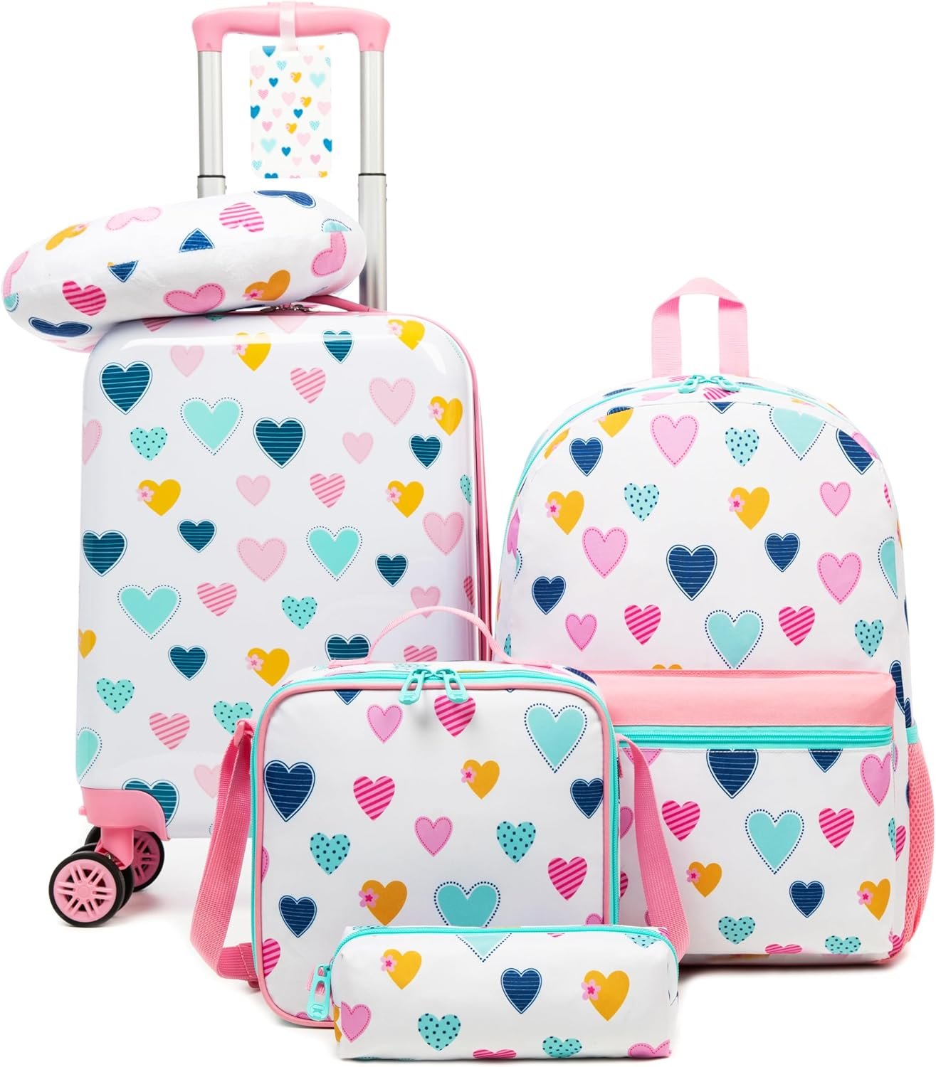 Kid’s Luggage Set 5 Piece Suitcase Set 16″ Hardside Luggage with Spinner Wheels Girls Carry on Toddler Travel Rolling Suitcase with Neck Pillow Airline Approved
