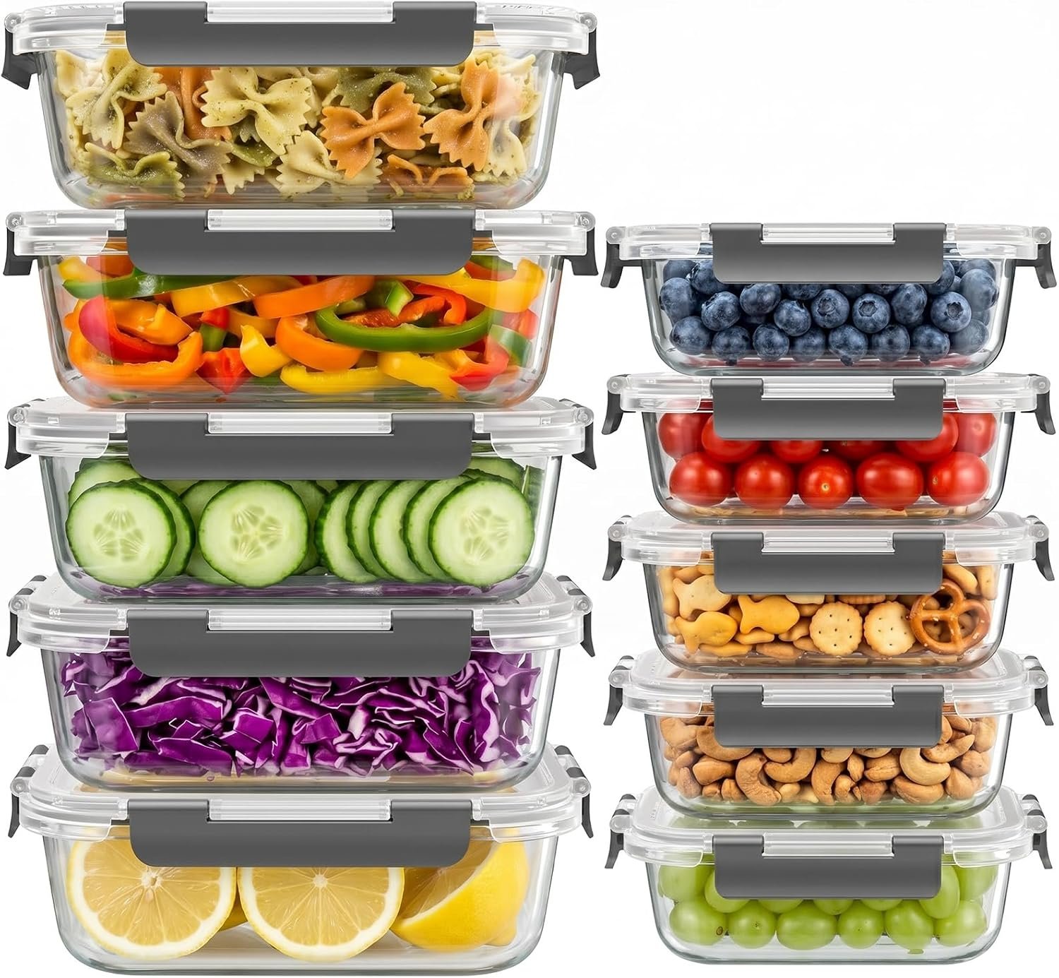 Dealusy 10 Sets (20-Piece) 36 oz & 12 oz Glass Food Storage Containers with lids, Airtight Leak-proof Glass Meal Prep Containers with Lids, Microwave Oven Freezer Dishwasher Safe, Gray