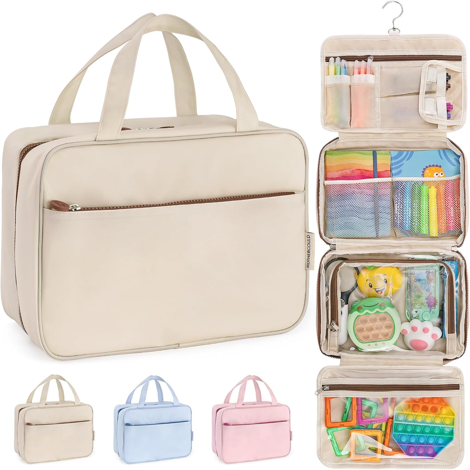Kids Travel Organizer – Multi-Compartment, Water-Resistant Hanging Bag for Toys, Snacks, & Activities – Compact, Lightweight Design with Hook & Carry Handle – Perfect for Travel Use (Beige, Large)